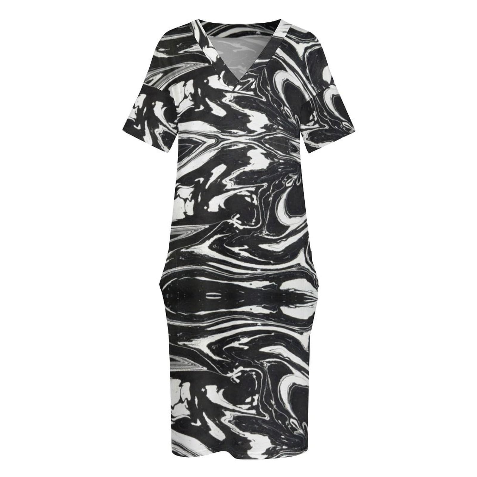 Vestido con Bolsillo de Mujer de Verano Cómodo Transpirable, Vestido de Manga Corta de Playa con Estampado Jaspeado, Vestidos Largos Talla Grande Cuello V Suelto