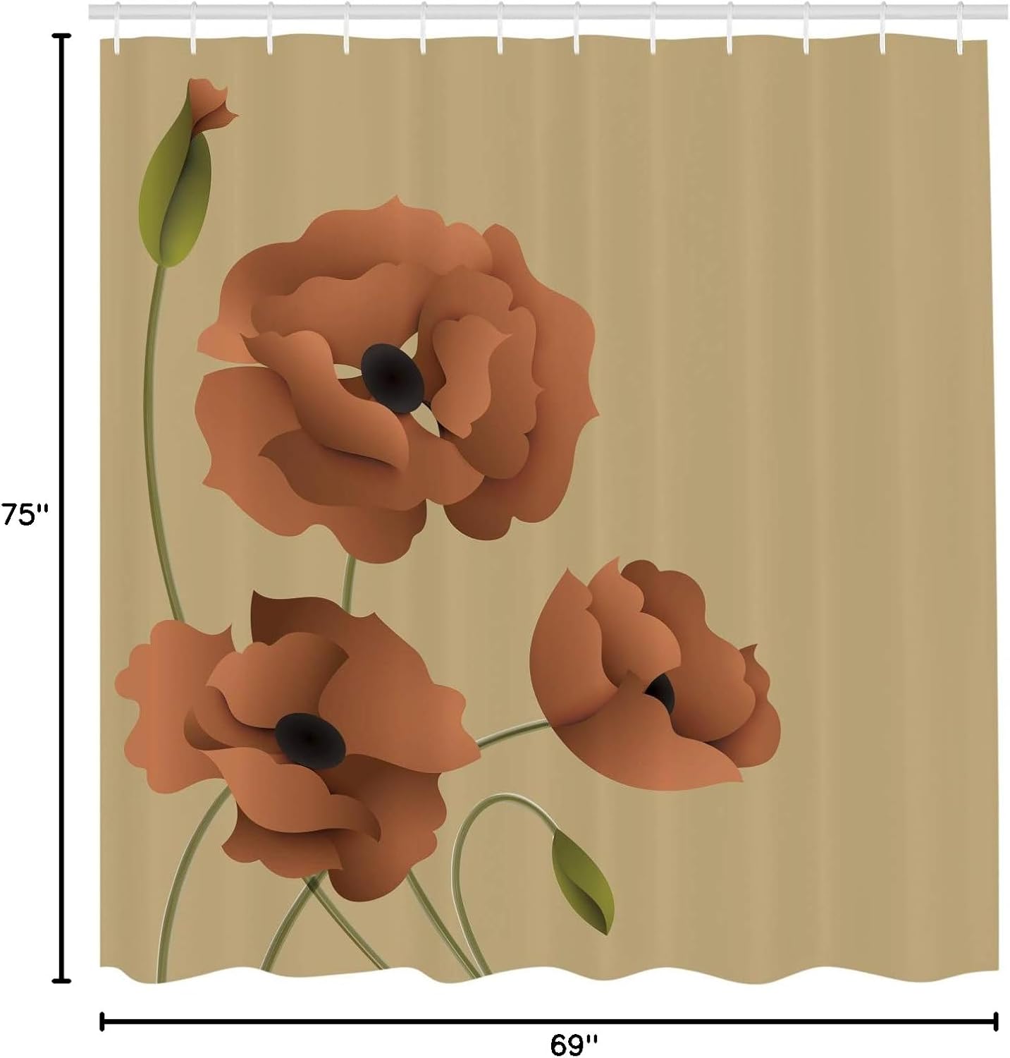 Ambesonne Floral Shower Curtain, Poppy Flowers Vivid Petals Buds Pastoral Purity Mother Earth Nature Design, Cloth Fabric Bathroom Decor Set with Hooks, 69" W x 75" L, Pale Camel