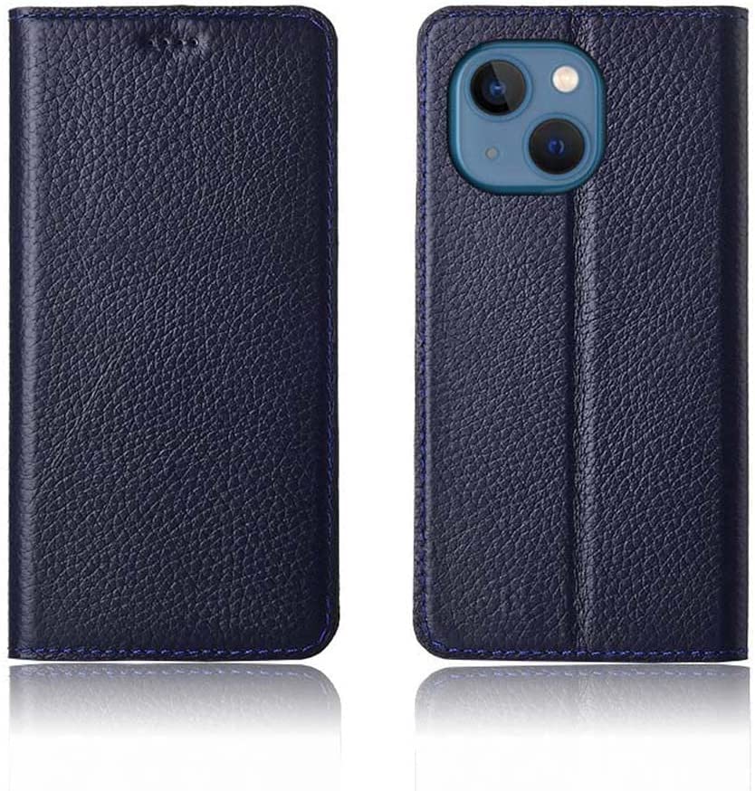 Housse de téléphone à rabat pour iPhone 13 bleu, étui cuir litchi 6,1" avec porte-carte