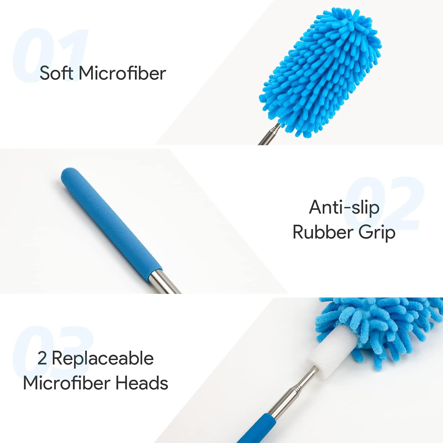 Microfiber Duster for Cleaning, DELUX Feather Duster Extendable Duster with Extra Long Pole, 2pcs Replaceable Brush Head, Washable Dusters for Cleaning Office, Car, Window, Furniture, Ceiling Fan