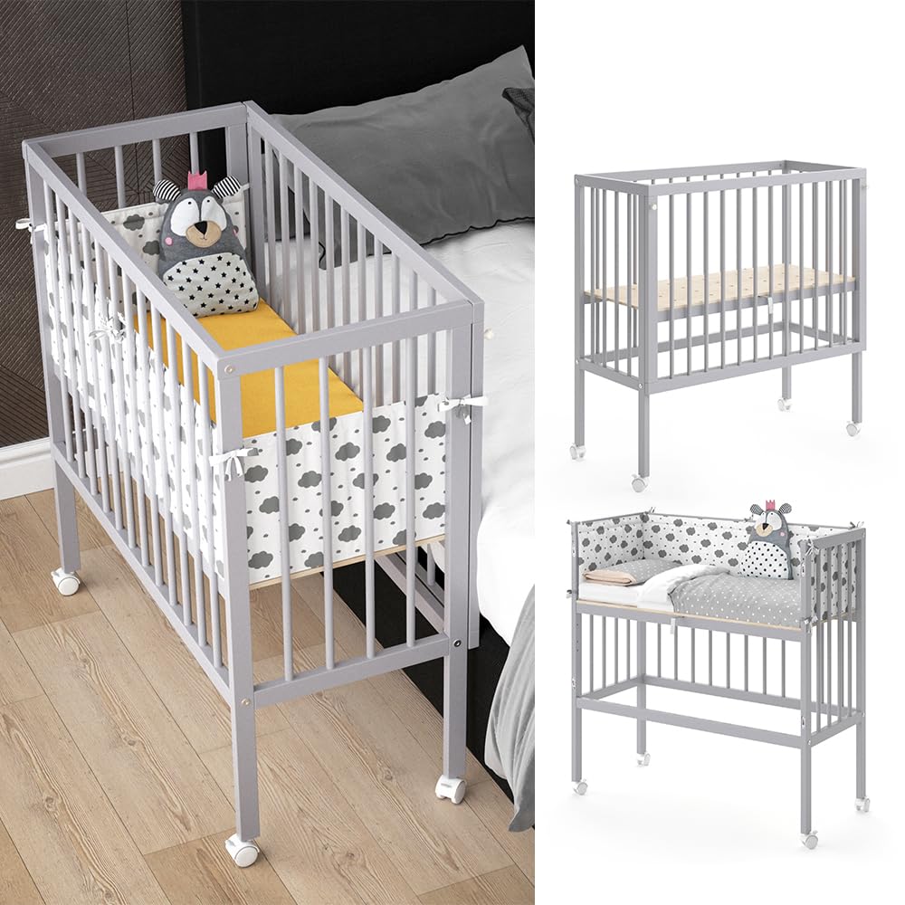 VitaliSpa Cuna Adicional Sophie, Gris, 94 x 42.5 cm | 2 barandillas laterales, ajustable en altura con ruedas y sistema de fijación a la cama de los padres