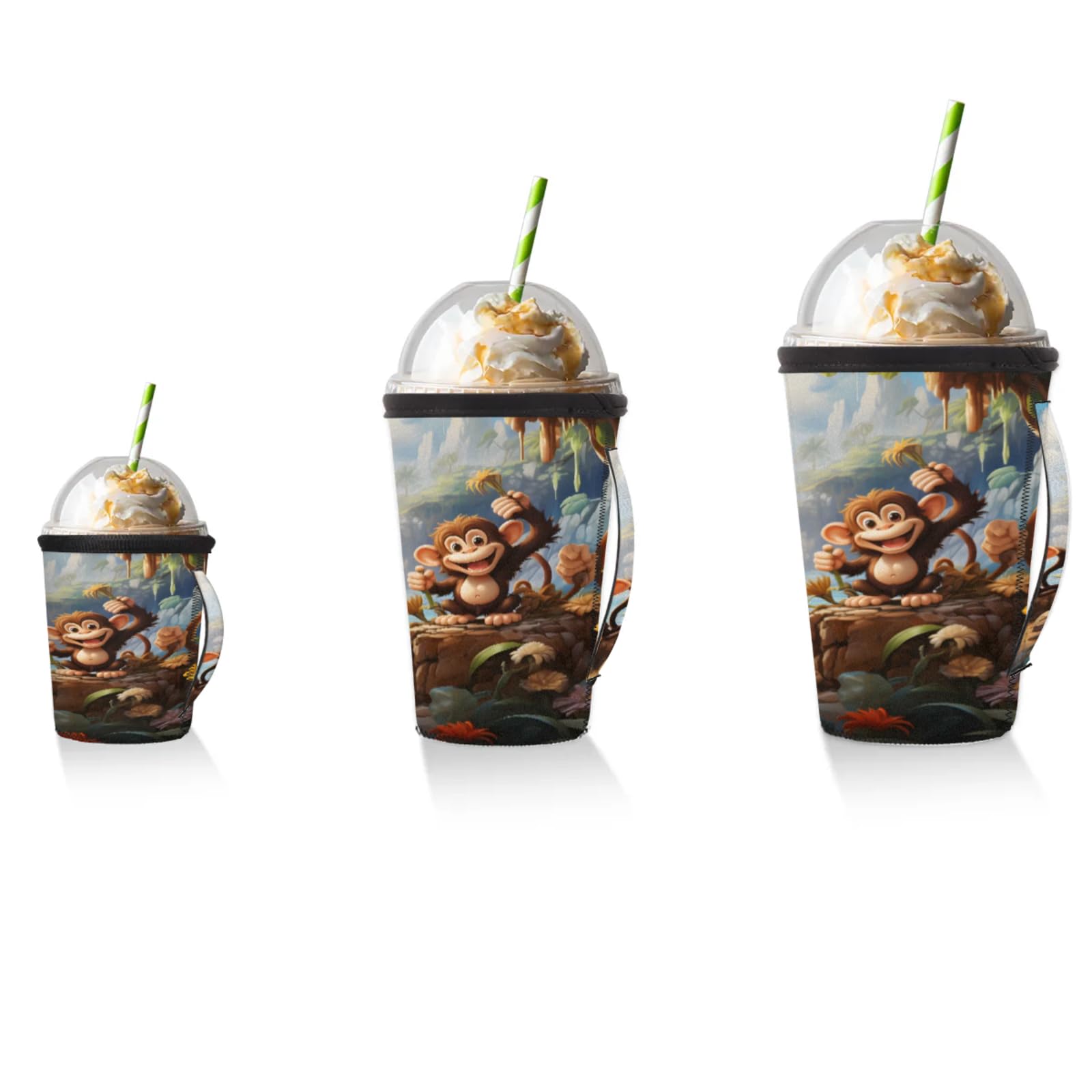 Woods River Monkey Reusable Neoprene Coffee Sleeve with Handle Insulated Iced Coffee Cup Holder Reduces Condensation Fits 24-28 oz Cups M
