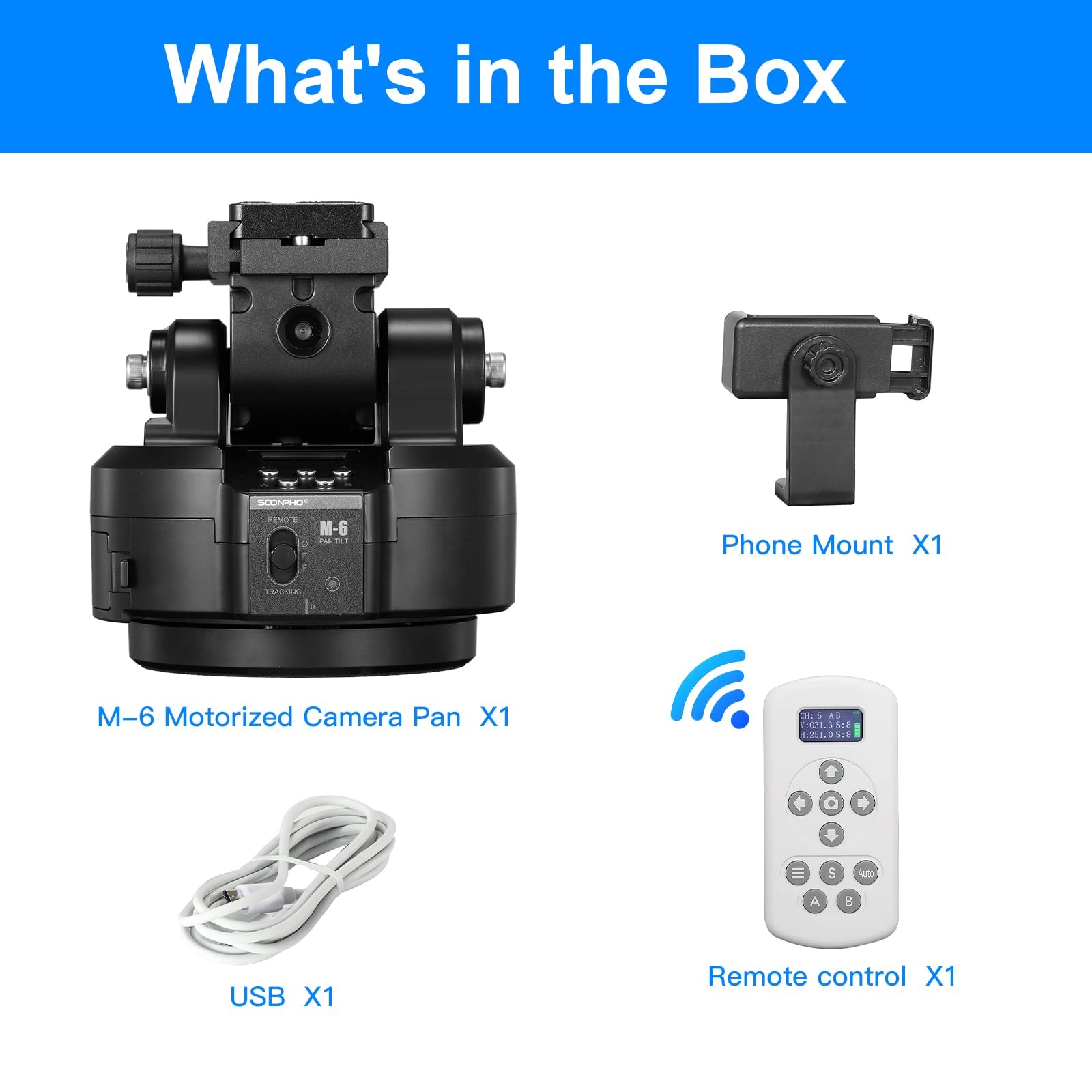 Soonpho M6 Auto Face Tracking Motorized Rotating Panoramic Tripod Head, AI Smart Face Body Tracking Remote Control Pan Tilt Head mit Fernbedienung und Handy-Clip