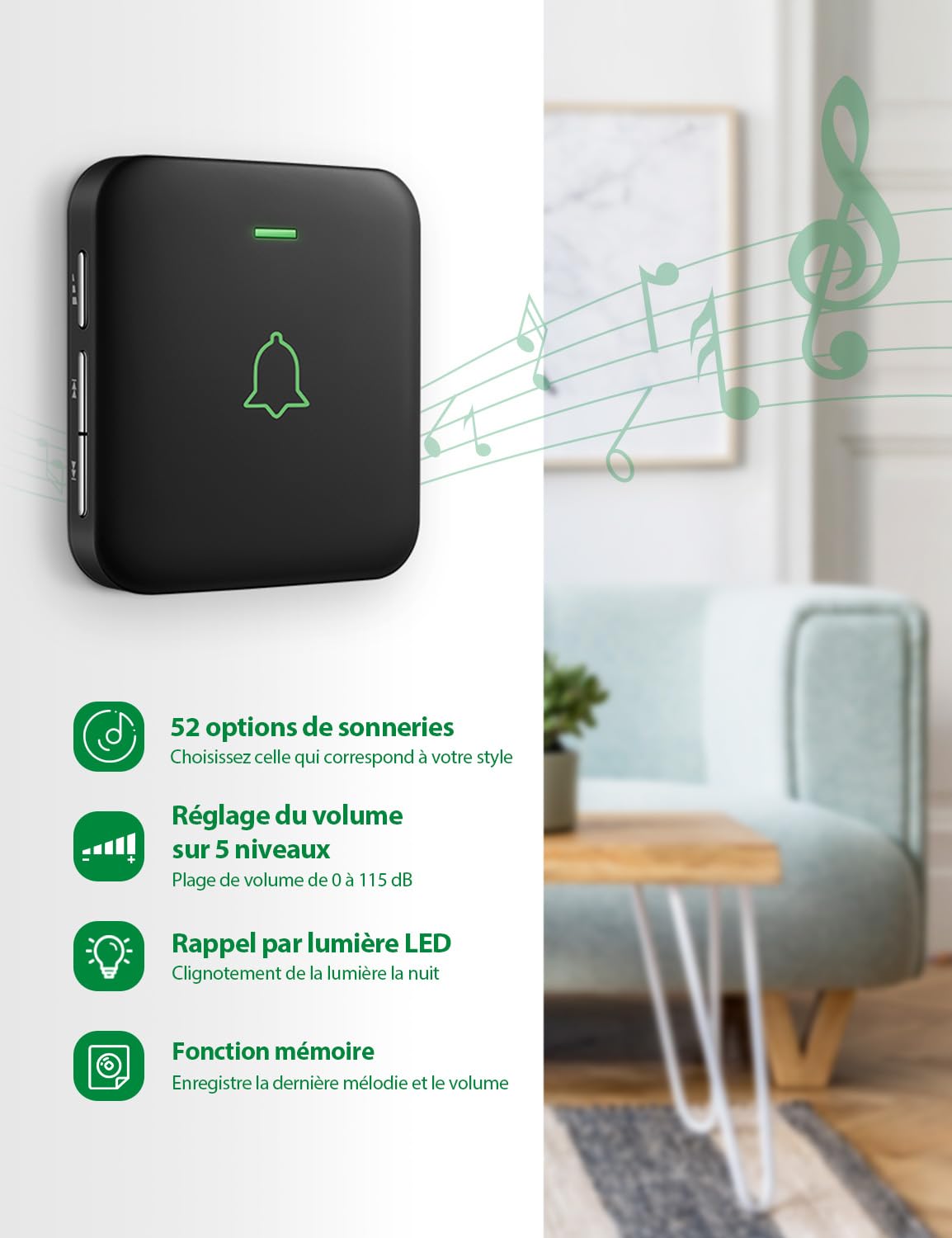 Sonnette sans Fil, AVANTEK Sonnette sans Fil extérieur étanche 400 m étanche, Kit de Carillon électronique, IP55 Eau et poussière, 52 mélodies aux 5 Niveaux de Volume, Batteries incluses, BA-12