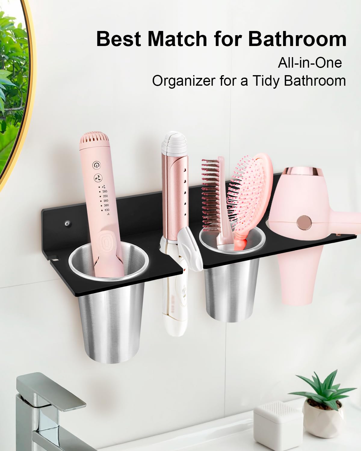 Organizzatore per strumenti per capelli, porta asciugacapelli con tazze in acciaio resistenti al calore, organizzatore acrilico per bigodini, ferri da stiro e spazzola per capelli, perfetto per il