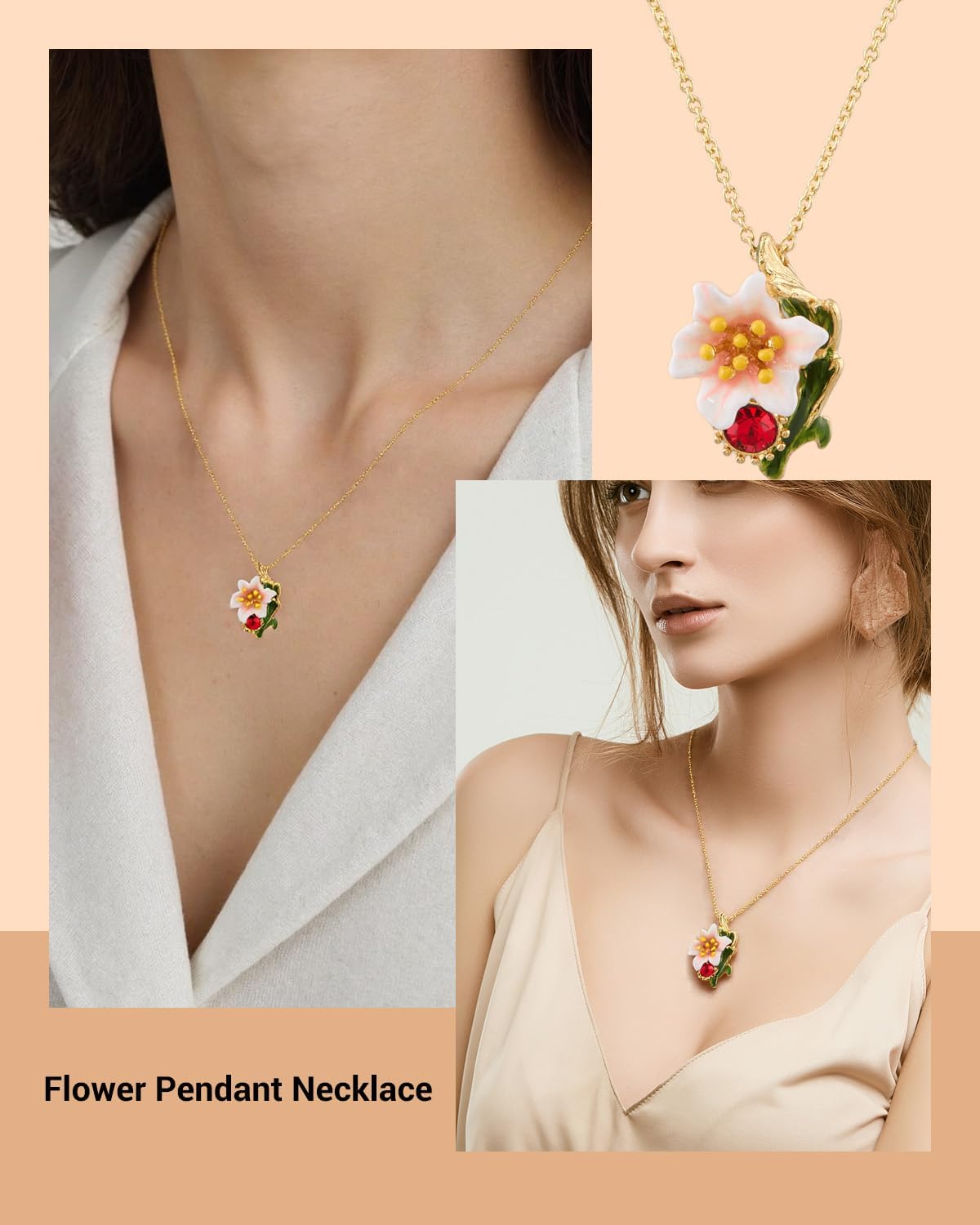 Enamel Flower Necklace for Women - Cubic Zirconia Floral Pendant Jewelry Gift for Anniversary, Christmas, Birthday - Dainty Gold Plated Chain Accessories - Image 2