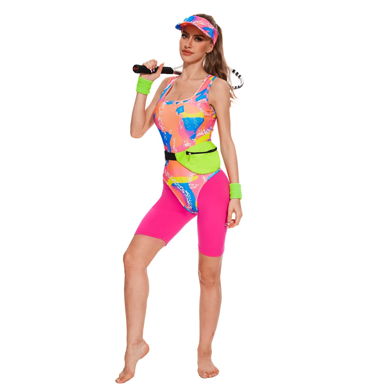 Disfraz de los años 80 para mujer, disfraz de entrenamiento de los años 80, accesorios con riñonera, parasol, muñequera, disfraz de patinaje en películas para Halloween y cosplay