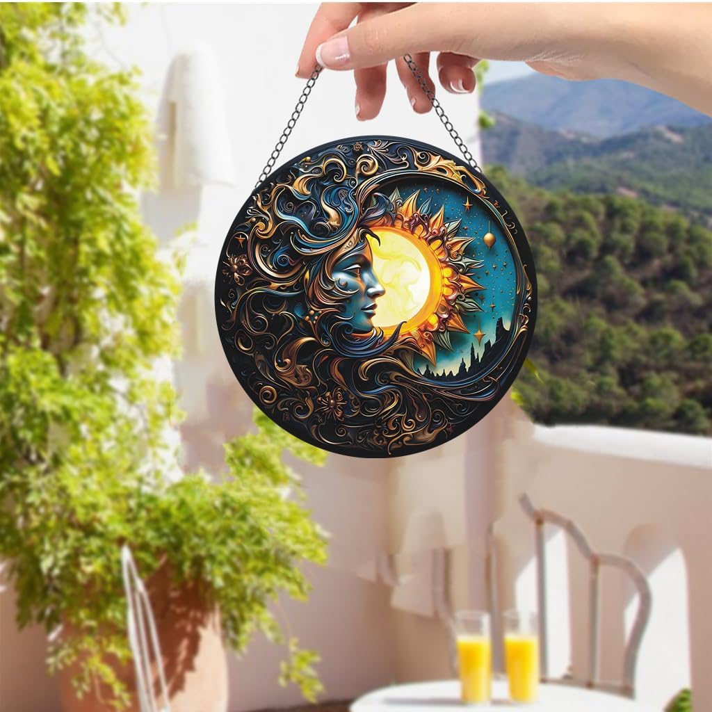The Sun and Moon Acrylic Window Hanging Old-Fashioned Stained Suncatchers for Window Acrylic Panels Bedroom Garden Kitchen Wall Decoration Gifts for Women Mom Grandma Teacher