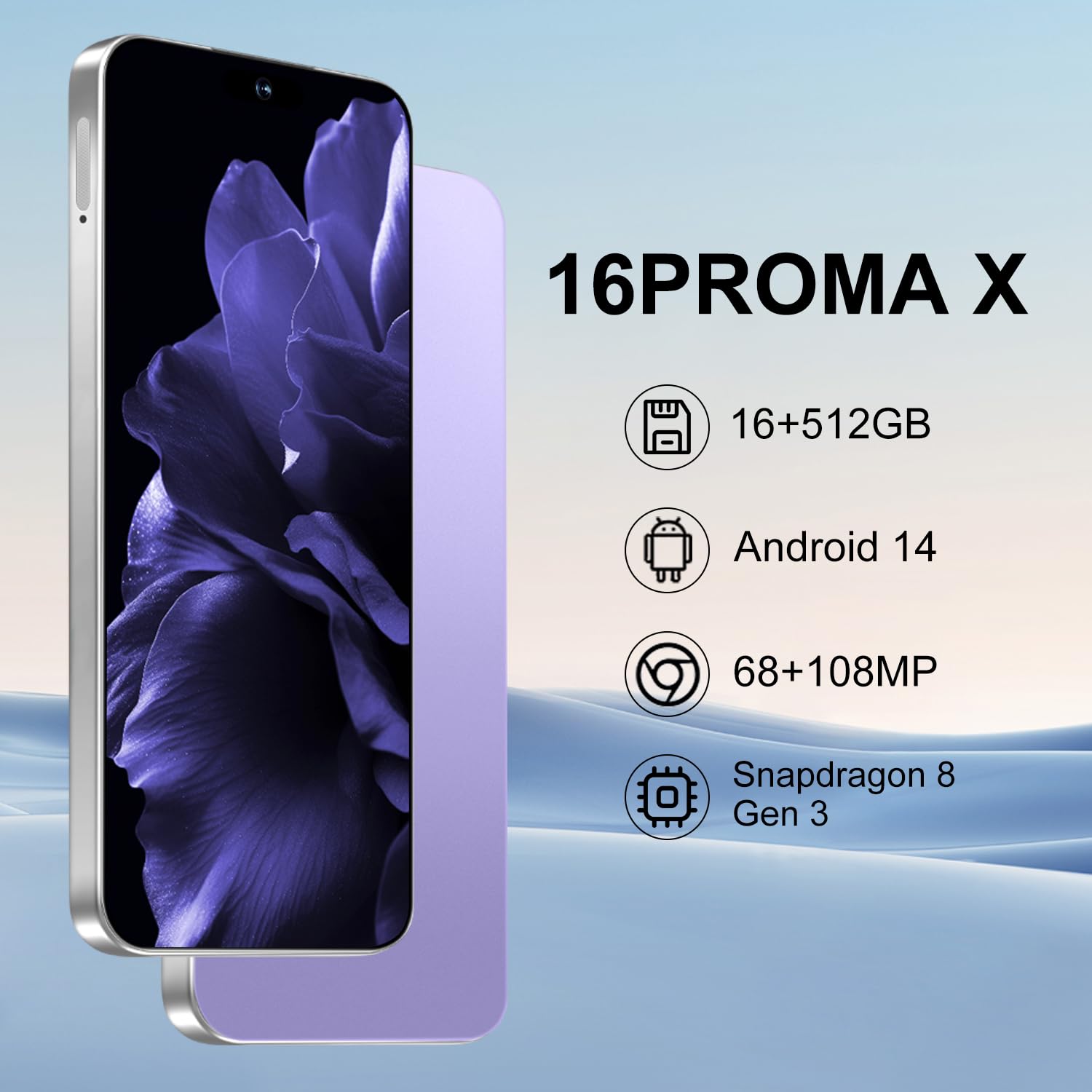 16PROMA X Smartphone: Massive 6.99" FHD+ Screen | Epic 7000mAh Battery Life | 16+512GB Extreme Speed | 108MP Pro Camera | Unlocked Android | Superior to 12GB RAM (Purple)