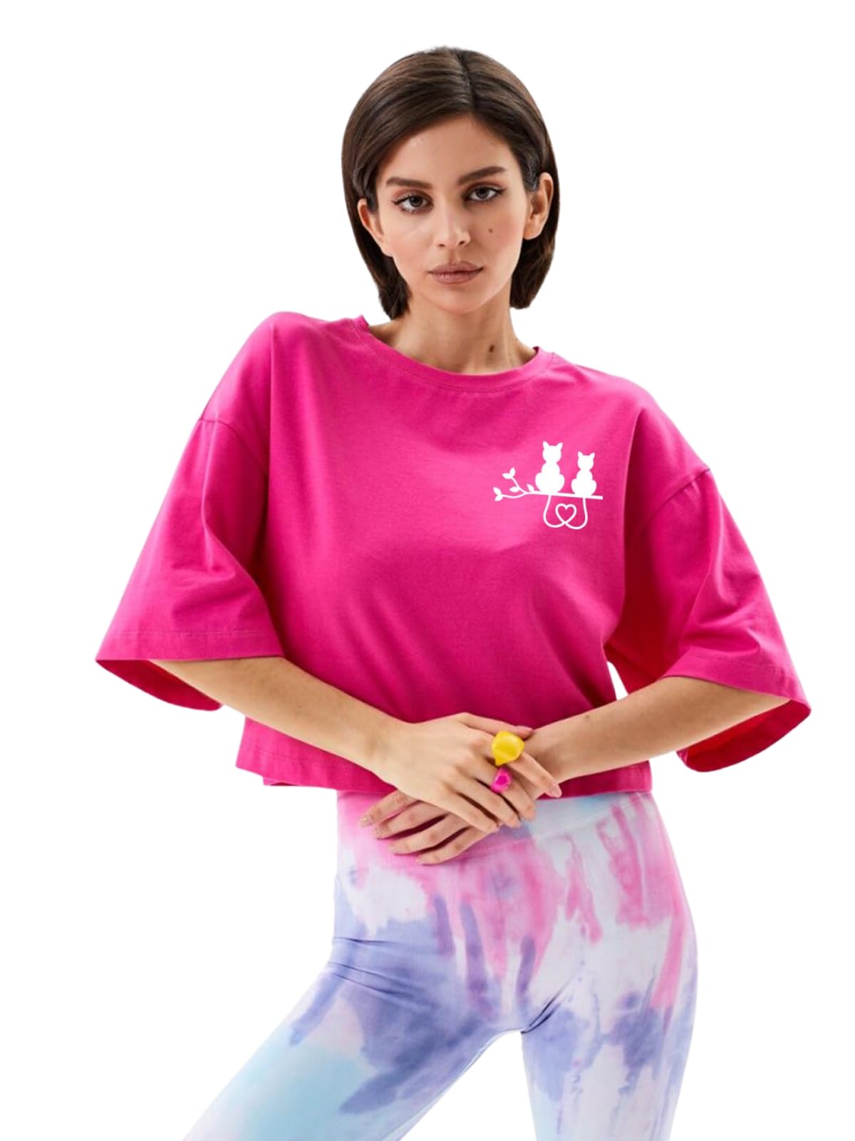 LABELLUMLabellum Women's Loose Fit Round Neck Half Sleeve Happy Cat Print Cotton Crop Top T- Shirt