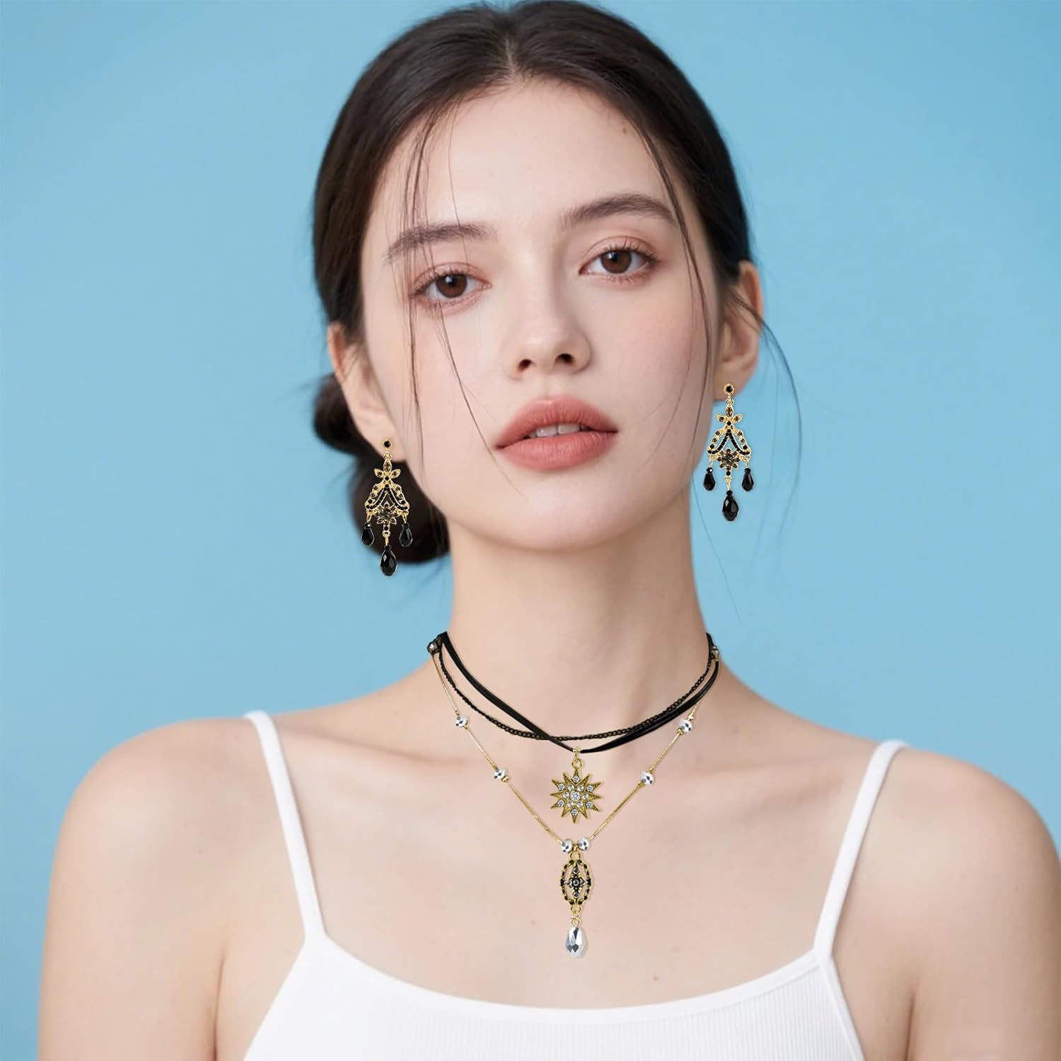 XEPST Renaissance Accessories Women Medieval Corset Belt, Layered Necklaces for Women, Black Dangle Earrings, Halloween Renaissance Pirate Costume Steampunk Accessories - Image 7