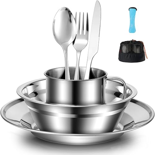 Odoland Camping Cutlery Set - Stainless Steel Tableware Mess Kit Includes Plate Cup Fork Spoon, 8 in 1 Flatware Kit with Mesh Bag - Dinnerware Utensils Set for Outdoor Camping Hiking and Picnic