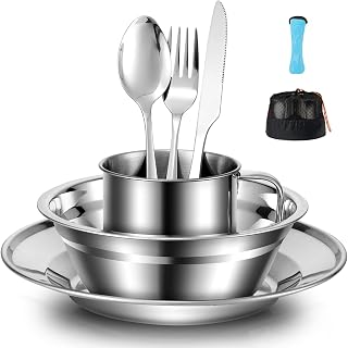 Odoland Campingbesteck Set 8 teiliges Outdoor Reisebesteck aus Edelstahl 1 Paar Klappbesteck mit Neoprenhülle 1 Teller 1 Schüssel 1 Tasse für 1 Personen ideal für Outdoor Kochgeschirr Reisen Camping