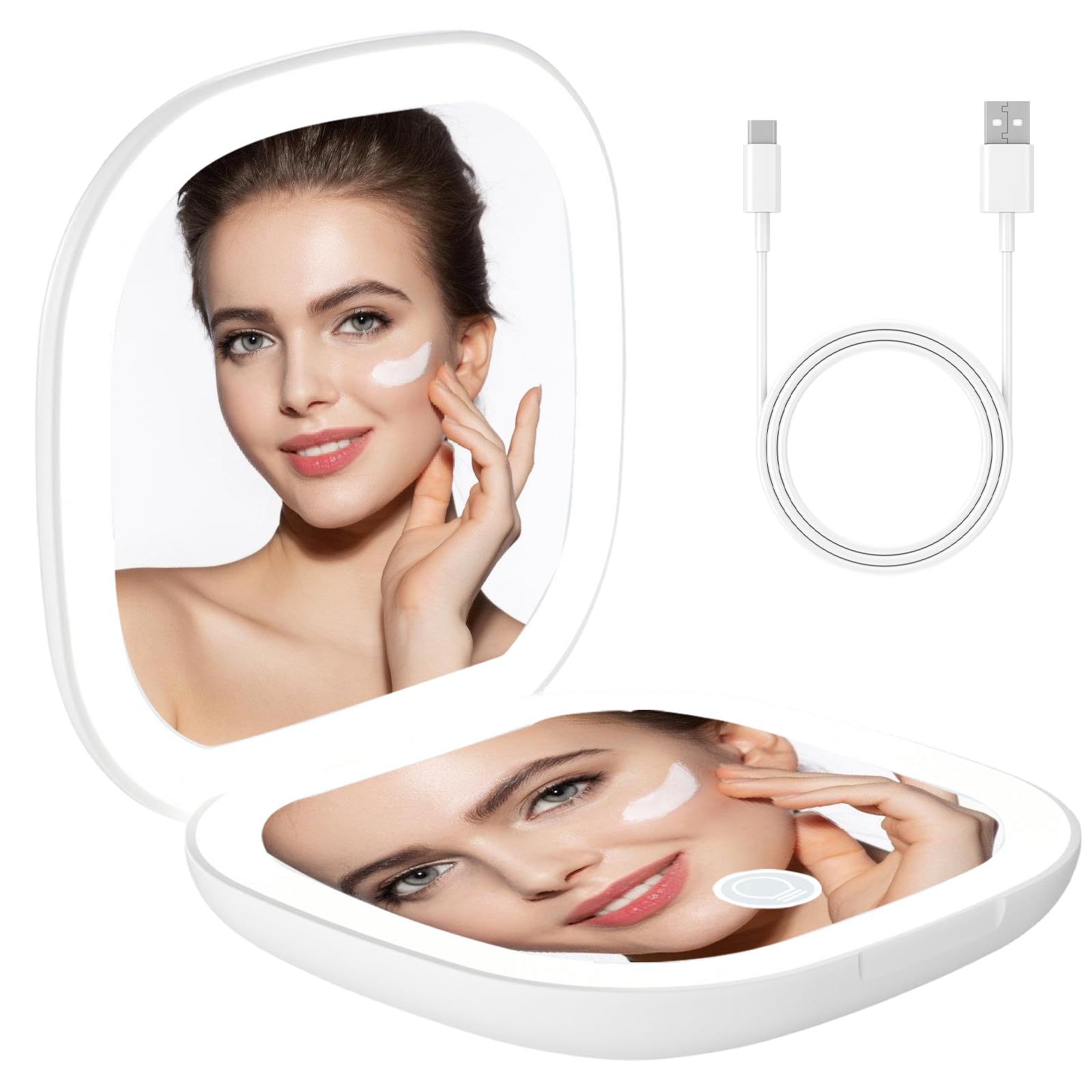 GOMETY Pinchos de bolsillo LED, espejo de maquillaje desde ambos lados con aumento 1X/10 × e iluminación, 3 colores de luz regulables, USB, recargable, portátil, pequeño espejo de viaje plegable para
