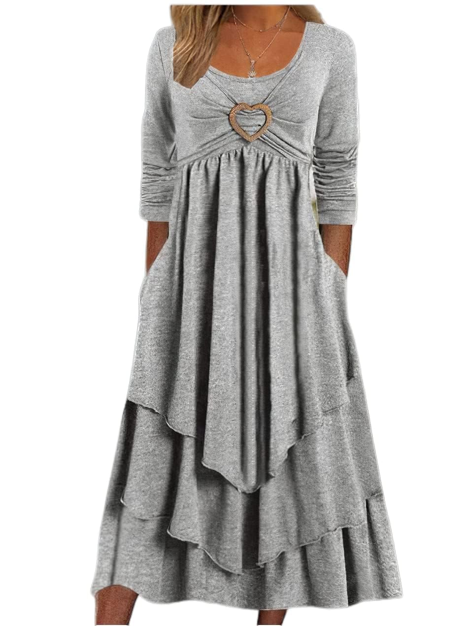 LOAIHA Women 2025 Fashion Crewneck Dresses Long Sleeve Swing Ruffle Irregular Hem A Line Flowy Pleated Maxi Dress