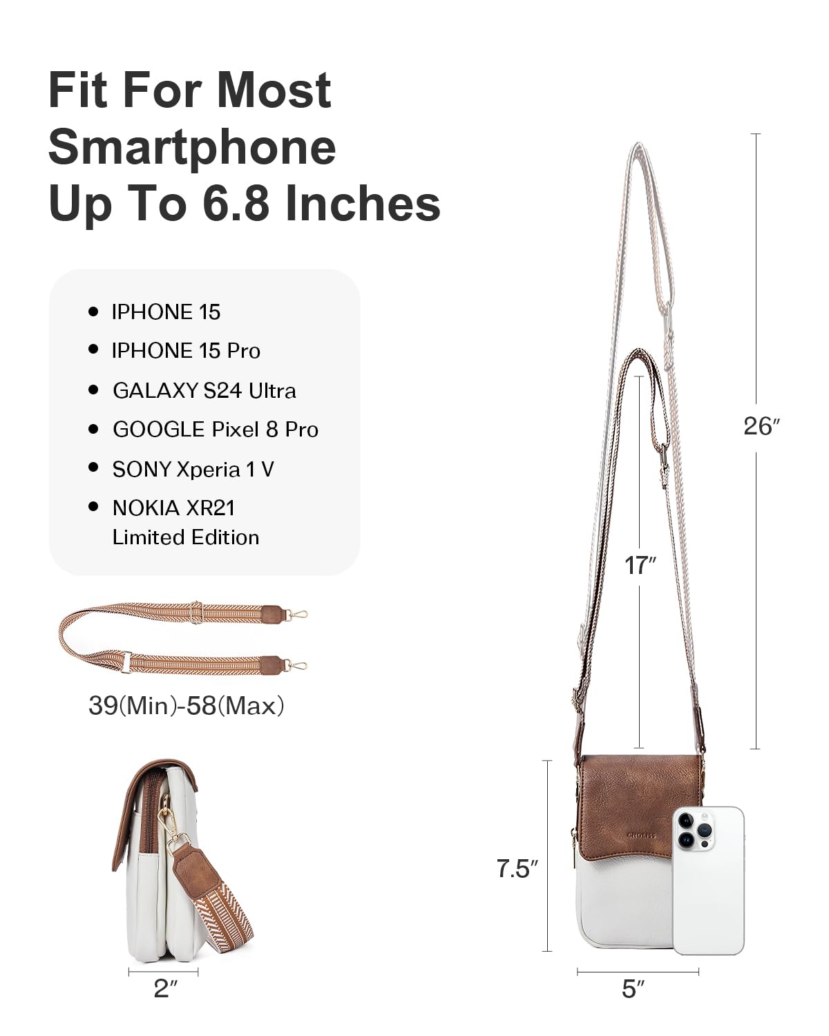Bolso cruzado pequeño para teléfono celular, bolso cruzado para mujer, cartera de viaje de cuero, bolsos de hombro con ranuras para tarjetas, marrón y blanco, Bolso cruzado para teléfono 4