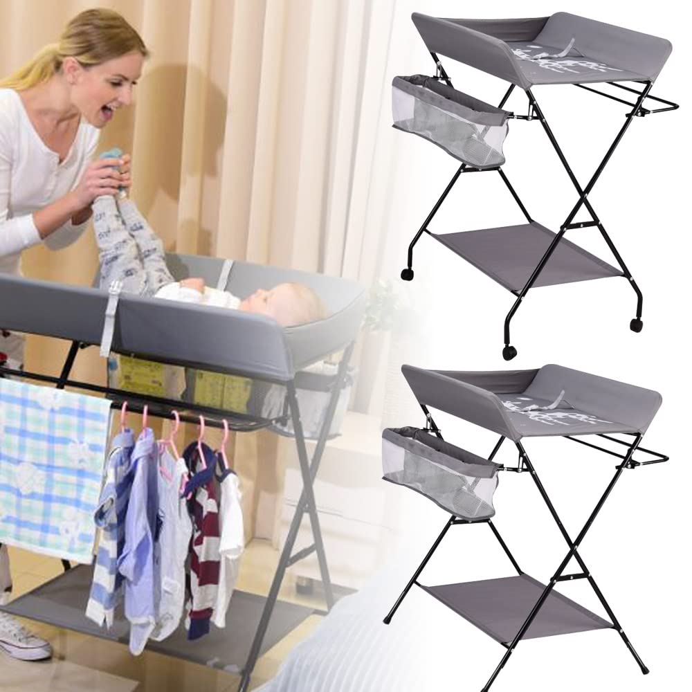 Cambiador Plegable para bebé, Cambiador Infantil, Alfombrilla de baño y Almacenamiento, Cambiador para bebé con Bolsas de Almacenamiento unitarias, Ahorro de Espacio (Gris sin Ruedas)