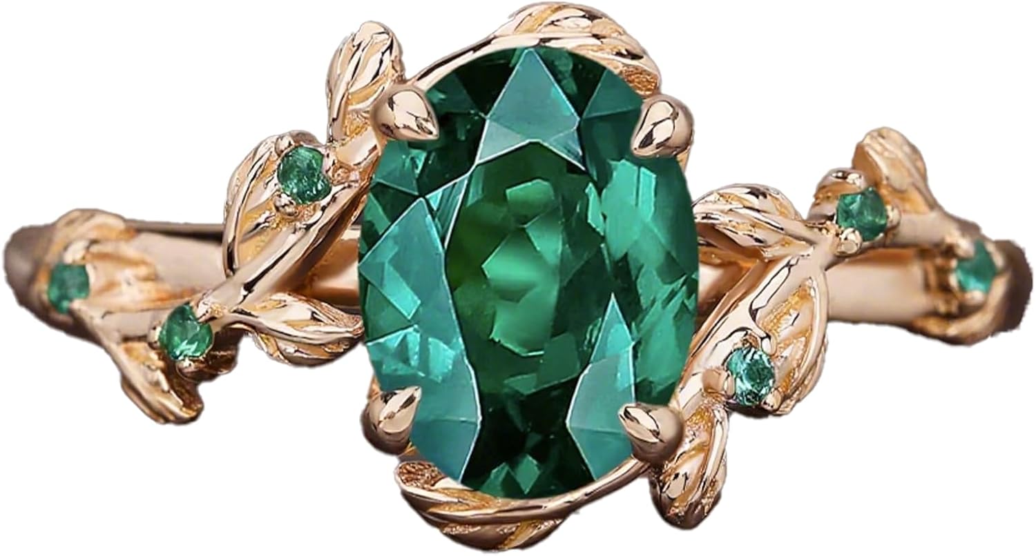 10k 14k 18k Gold Emerald Diamond Engagement Rings for Women May Birthstone Ring Vintage ring Unique Nature Inspired Leaf Ring Green stone Gifts