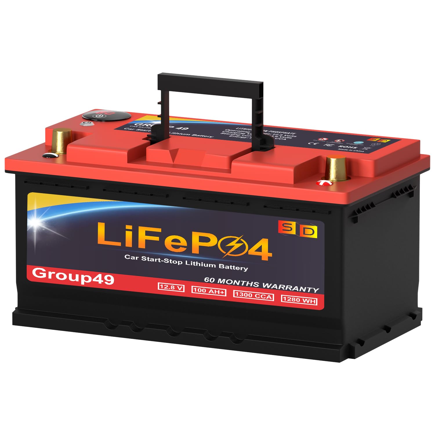 LiFePO4 Lithium Car Battery, 12V 100AH 1300CCA Group 49 Starting-Stop Battery, Built-in Smart BMS, Perfect for Automotive Car, 60 Months Warranty