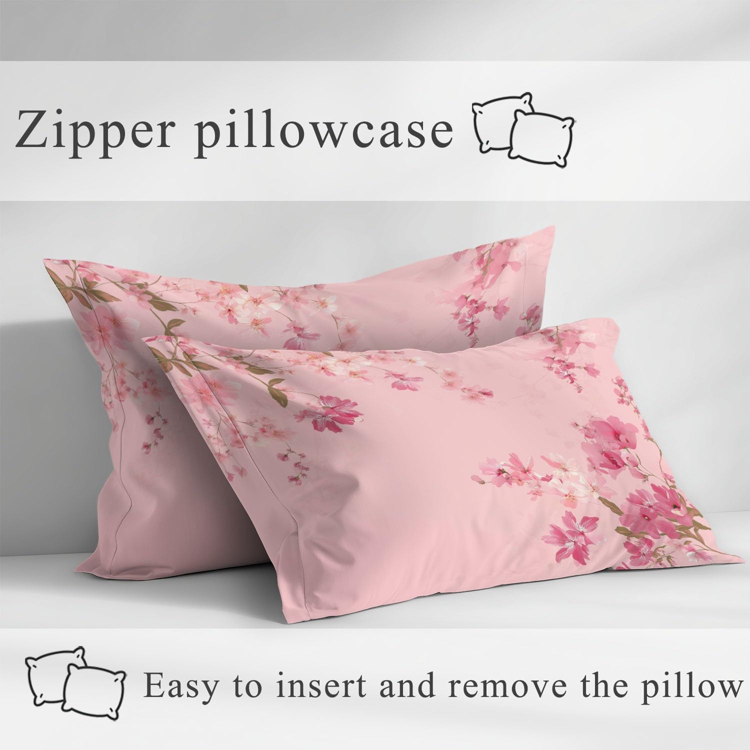 Sabana Bajera 200 x 200 cm 3 Piezas + 2 Fundas 50 x 75 cm, Se Adapta a Colchones de hasta 30 cm, Microfibra Suave, Transpirable, Antiarrugas, Rosa, Minimalista Elegante Floral
