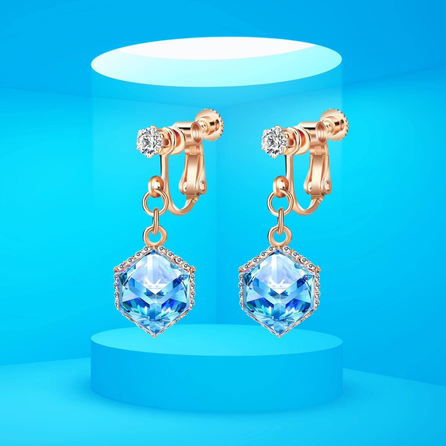 Cube Austrian Crystal Drop Clip On Dangle Earrings for Women Non Pierced 14K Rose Gold Plated Hypoallergenic Jewelry - Image 8