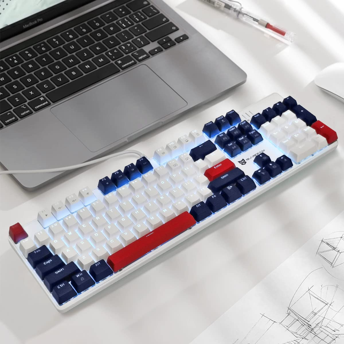 Tastiera Meccanica Da Gioco 104 Tasti - Switch Blu, Retroilluminazione LED Bianco/Blu/Rosso