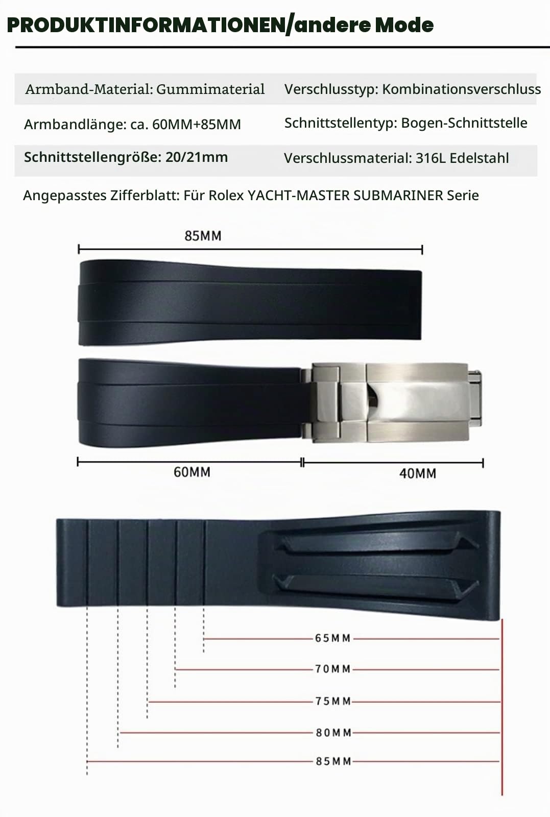 20 mm 21 mm Gummi-Uhrenarmband für Rolex Daytona Submariner GMT Yacht-Master Oysterflex Silikonarmband Faltschnalle Armbänder (Farbe: Schwarz ohne Schnalle, Größe: 20 mm)