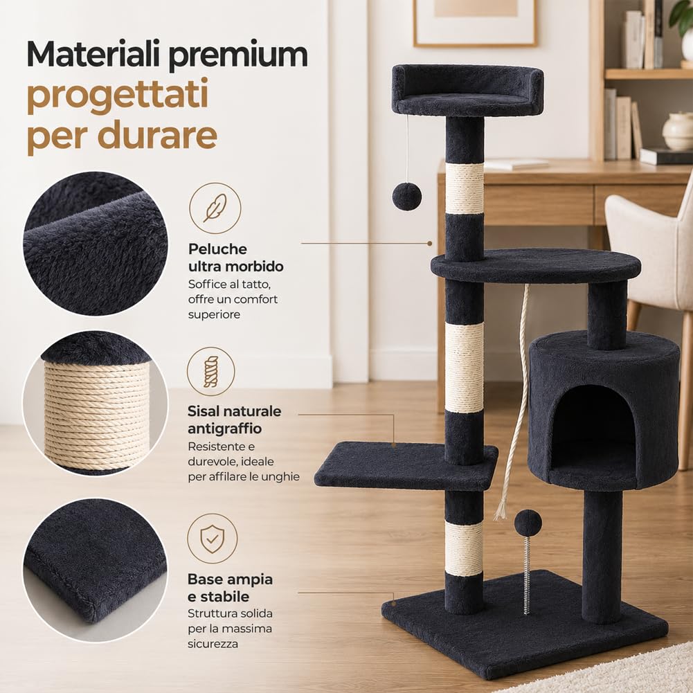 Bakaji Árbol Rascador Sisal para Gatos con Nidos y Plataformas Bolas de Juego Dimensiones 112 x 67 x 55 cm Color Gris