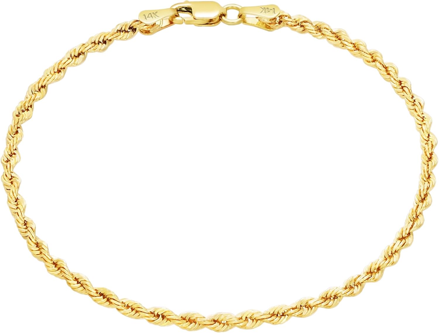 Nuragold 14k Real Yellow Gold 2mm Solid Rope Chain Diamond Cut Bracelet or Anklet (7"-9") Italian Jewelry for Men & Women