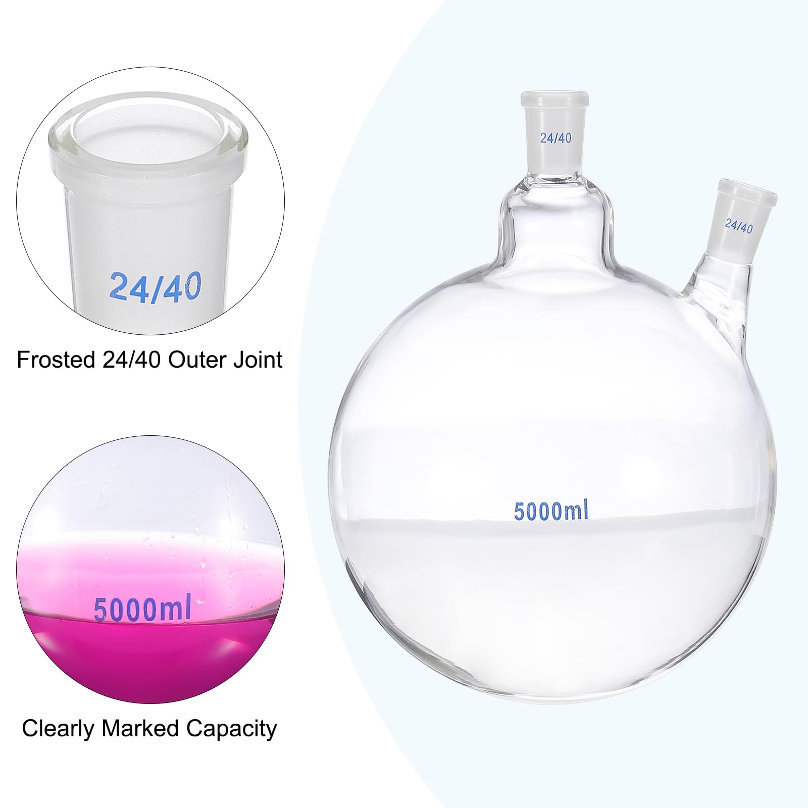 PATIKIL Fiaschetta bollente da 5000 ml, in vetro borosilicato 3.3, con 2 colli e fondo rotondo, con giunto esterno conico standard 24/40, per laboratorio, trasparente