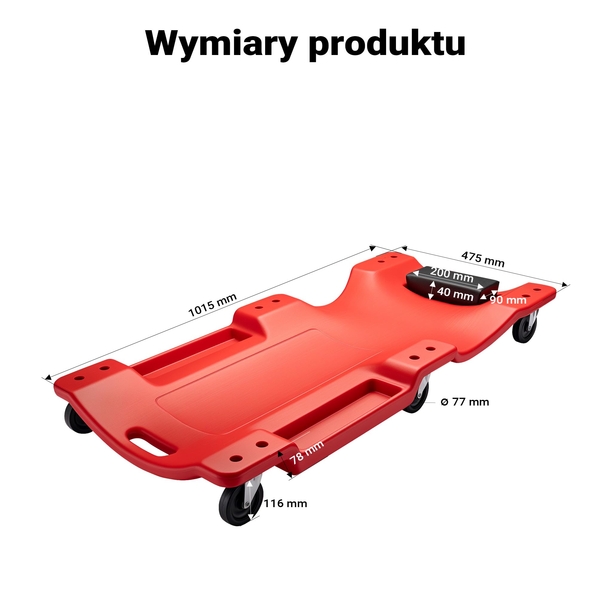 Ławka montażowa samochodowa Wiltec 102x48x12 cm do 180 kg wykonana z tworzywa sztucznego, deska na kółkach ze zdejmowanym zagłówkiem i schowkami na narzędzia, ławka na kółkach, ławka warsztatowa