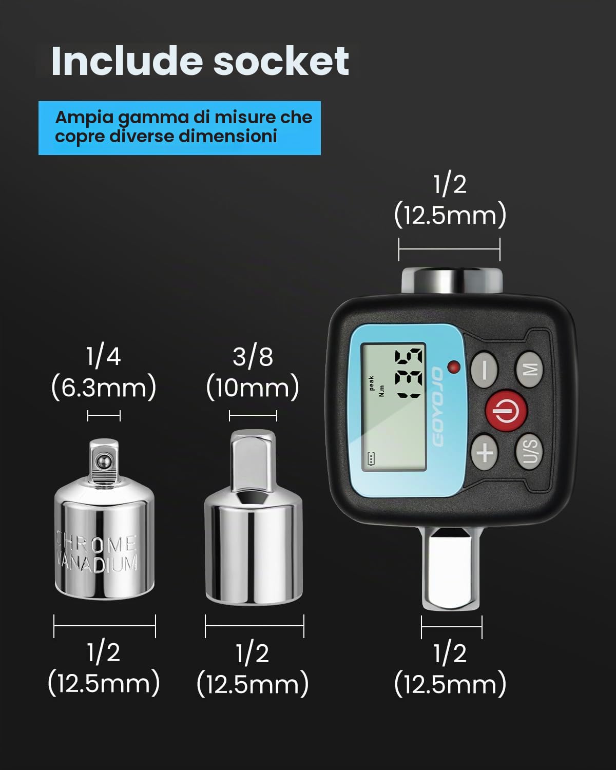 GOYOJO Set di Chiave Dinamometrica Digitale, 1/2 1/4 3/8 Adattatori ad Alta Precisione 4 Unità di Coppia Retroilluminate 2 Modalità Perfetto per Riparazioni Automobilistiche Bici Moto (340 N.m)