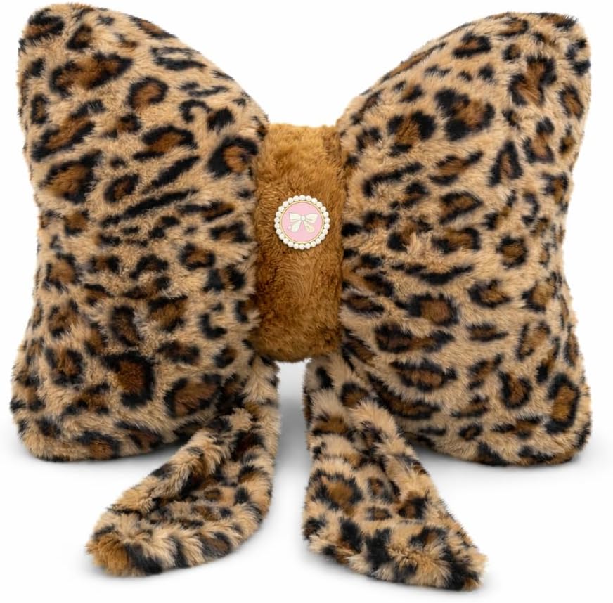Leopard Print Bow Pillow 12x9 Inch, Cute Plush Bow Shaped Decorative Pillow with Back Strap, Animal Print Room Decor for Bedroom Chair Couch Car