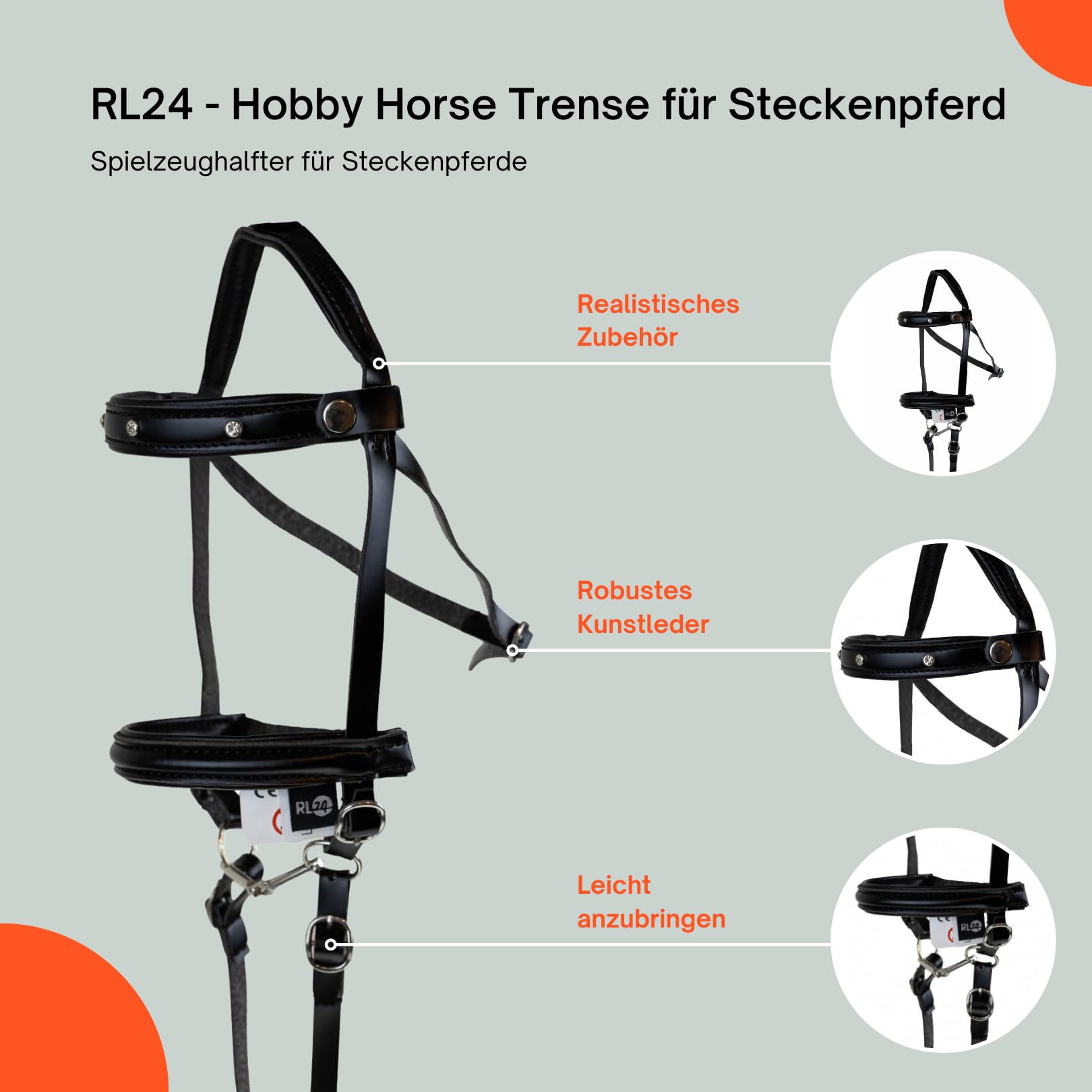 RL24 - Hobby Horse Trense für Steckenpferd – austauschbares Stirnband – aus Kunstleder – Hobby Horse Zubehör – Stockpferd Trense in Schwarz