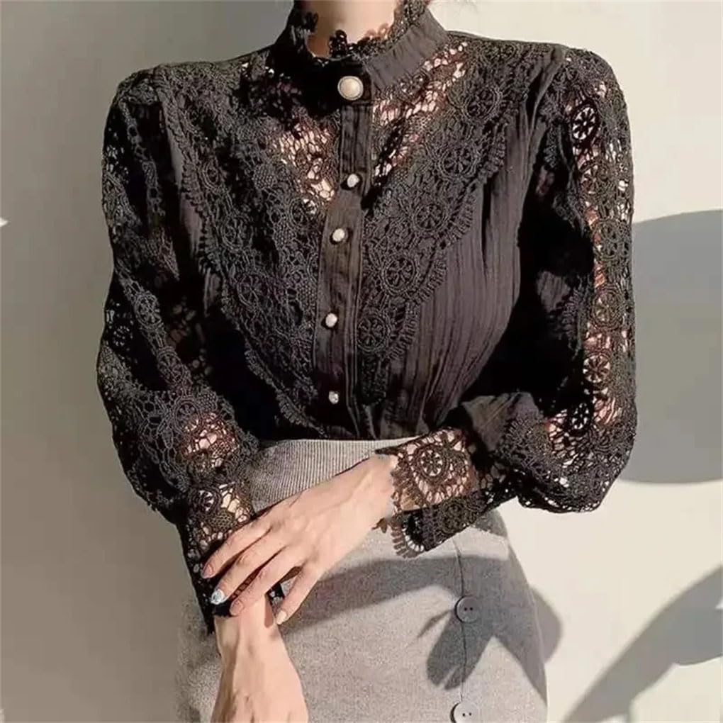 Camisa de encaje hueco con cuello alto para mujer, color liso, empalme de manga larga