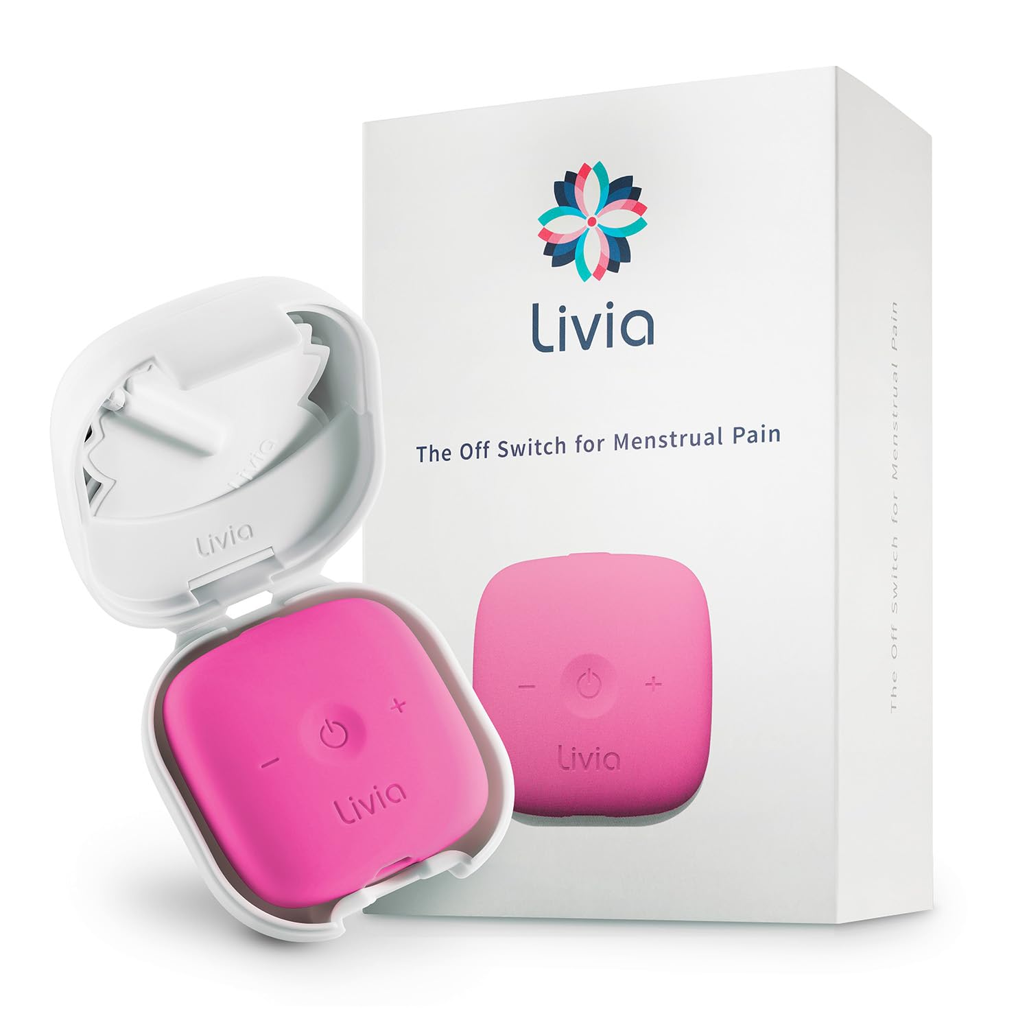 Livia Menstrual Pain Relief Device, Pink - Period Pain Off Switch - Portable and Travel-Ready with Stick-on Gel Pads for Cramps - Rechargeable, 12-Hour Battery Life - Complete Kit
