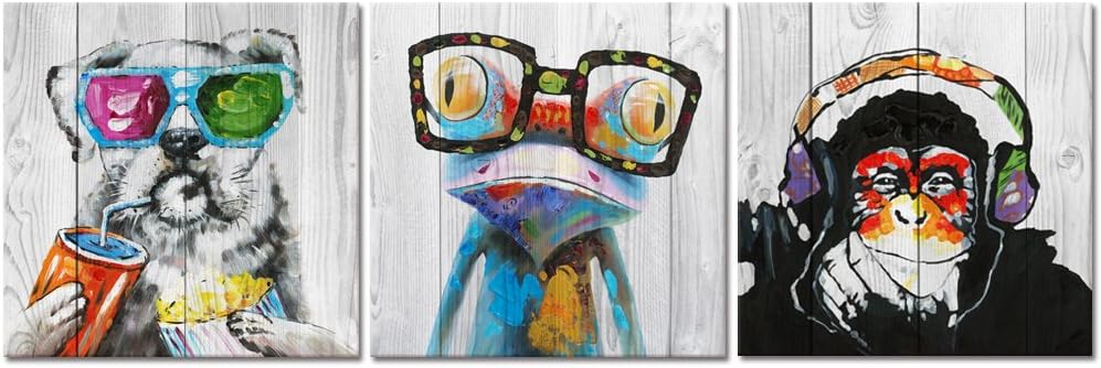 Vintage Animal Wall Art Painting Canvas Giclee Prints Happy Dog Frog on Rustic Wooden Background Home Decor Gorilla Monkey Pictures Artwork 32”x32”x3