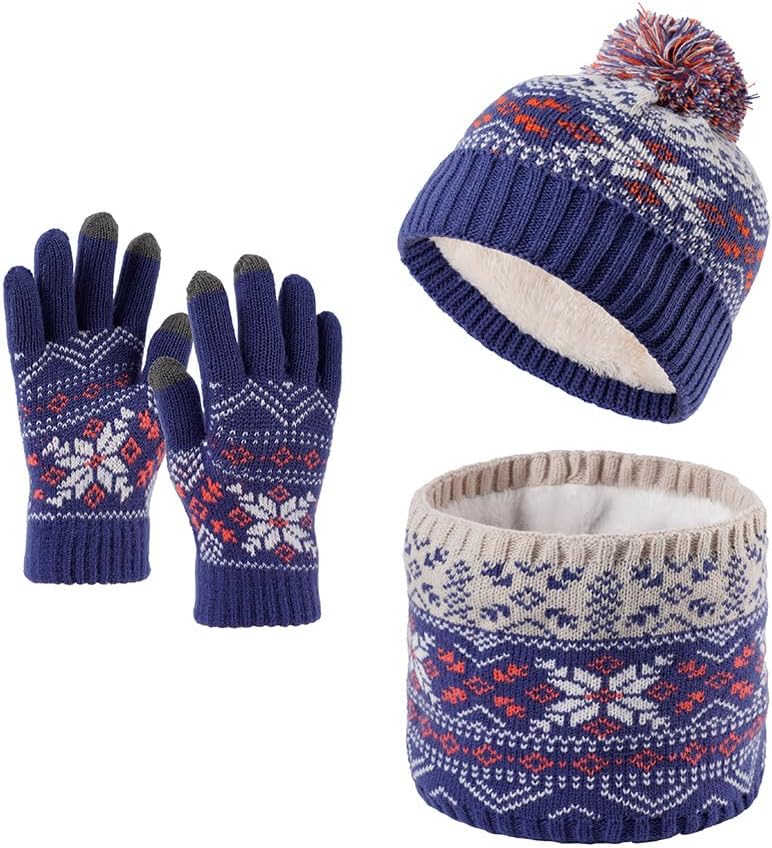 Kids Winter Knitted Hat Gloves Scarf Set 3 Pcs Warm Fleece Lined Beanie with Pom Gloves Neck Warmer for Boys Girls - Image 3