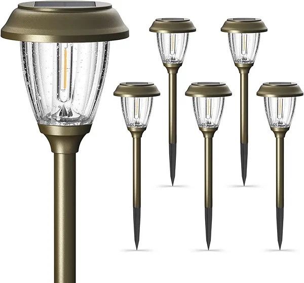 XMCOSY+ Solar Lights Outdoor 10/25 LM LED with 2 Lighting Modes, Solar Garden Lights Glass and Metal, IP65 Waterproof Solar Powered for Yard Pathway Walkway Driveway Patio (6 Pack, Warm Whit