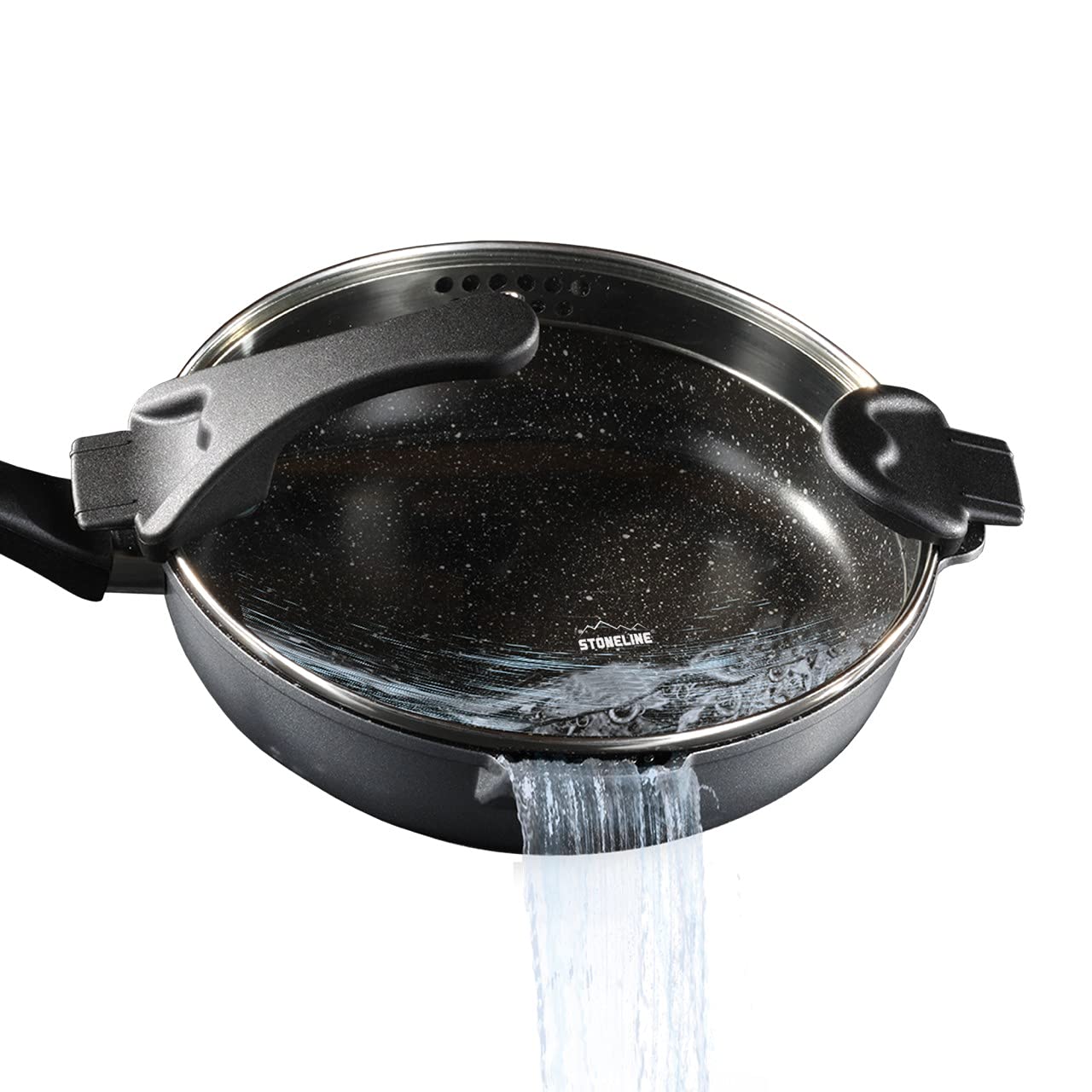 STONELINE FUTURE Schmorpfanne 28 cm, 3,4 L, Pfanne Hoher Rand mit Sieb Deckel, Universalpfanne beschichtet mit echten Steinpartikeln, Aluguss Pfanne Induktion für alle Herdarten geeignet