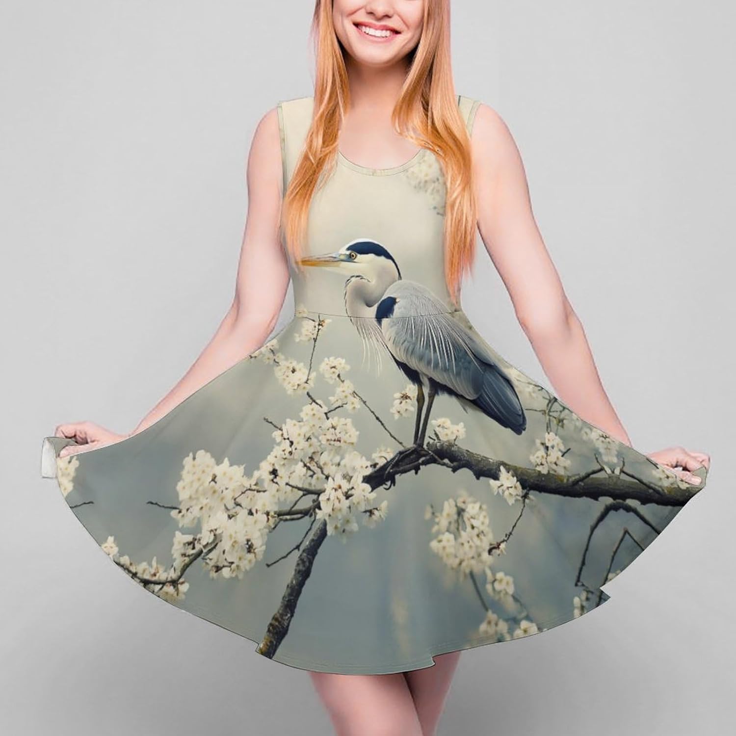Grey Heron Blue Women's Dresses Round Neck Dress Sleeveless Tank Dress Ruffle Hem Sundress