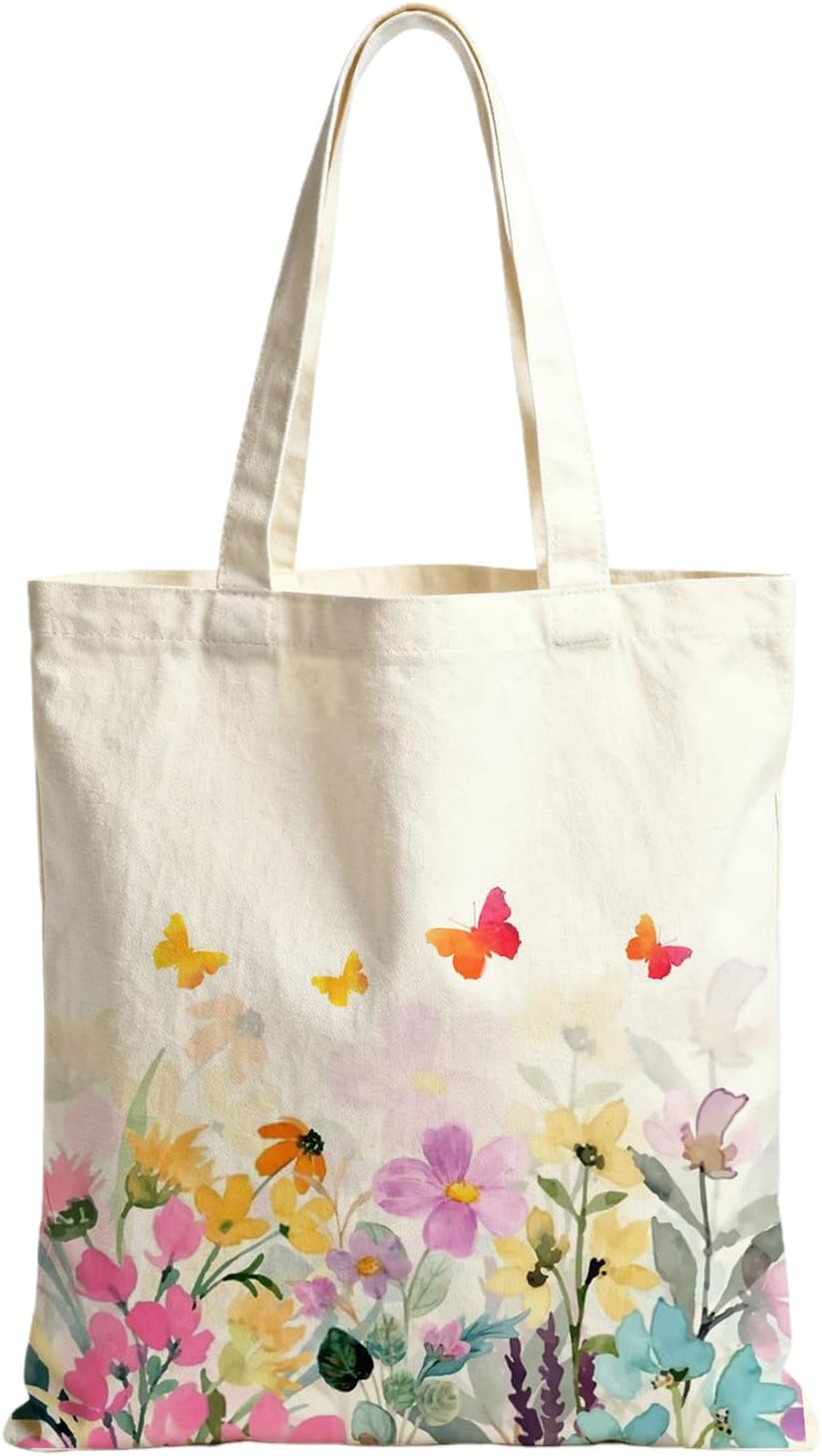 Butterfly Floral Canvas Tote Bag for Women – Reusable Cotton Shoulder Bag with Inner Pocket & Snap Closure, Colorful Garden Tote for Work, Travel, or Shopping