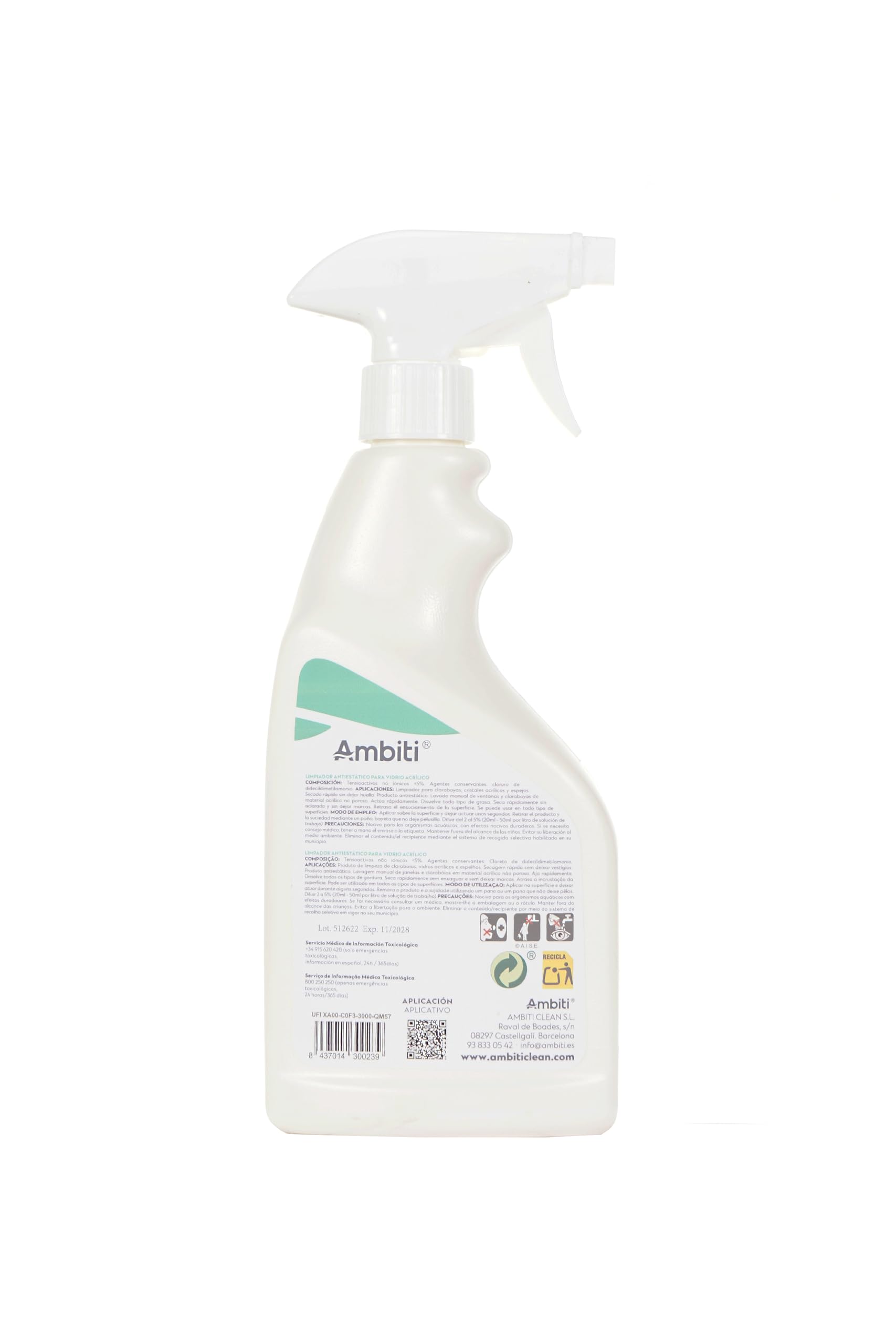 Ambiti Acrylic Cleaner | Limpiador Antiestático e Higienizante para Cristales y Claraboyas Acrílicas | Autocaravanas, Caravanas y Campers | Secado Rápido | 500 ml