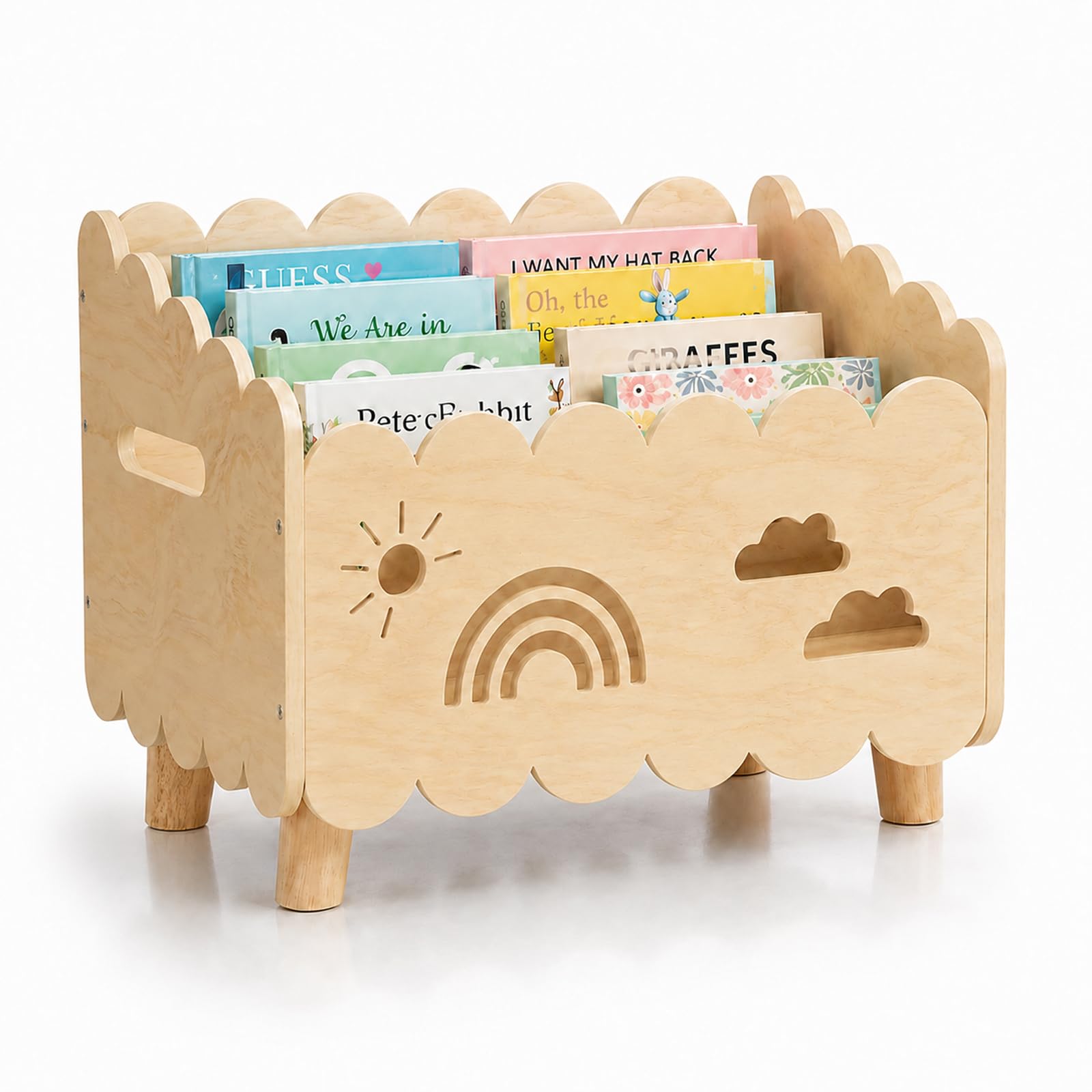 Childrens Bookcase, Book Shelf Toddler Wood Bookcase Nursery Small Montessori Book Storage Bookshelf with 2 Adjustable Dividers Kids Book Rack Holder Container Organiser for Playroom Classroom (Wood)