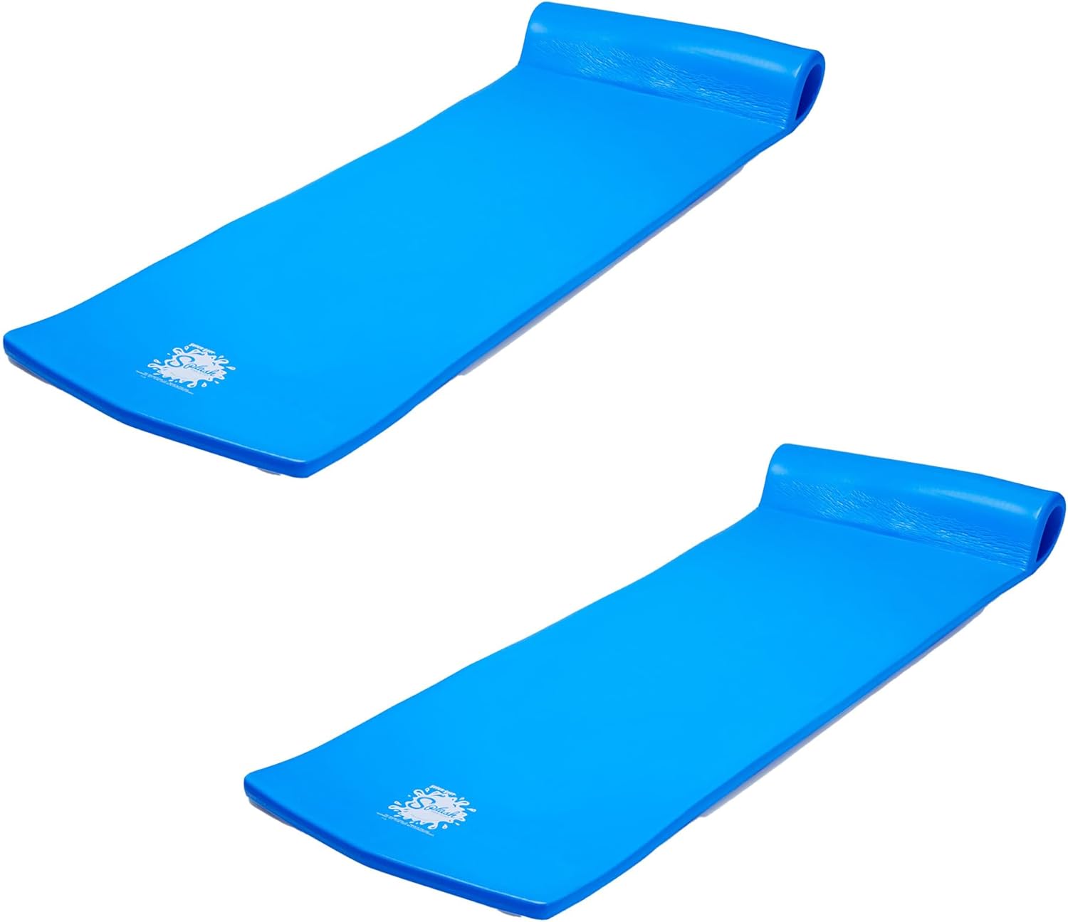 TRC Recreation Splash 1.25 Inch Thick Foam Swimming Pool Float Mat Large Adult Lounger with Built-in Roll Pillow, Bahama Blue (2 Pack)