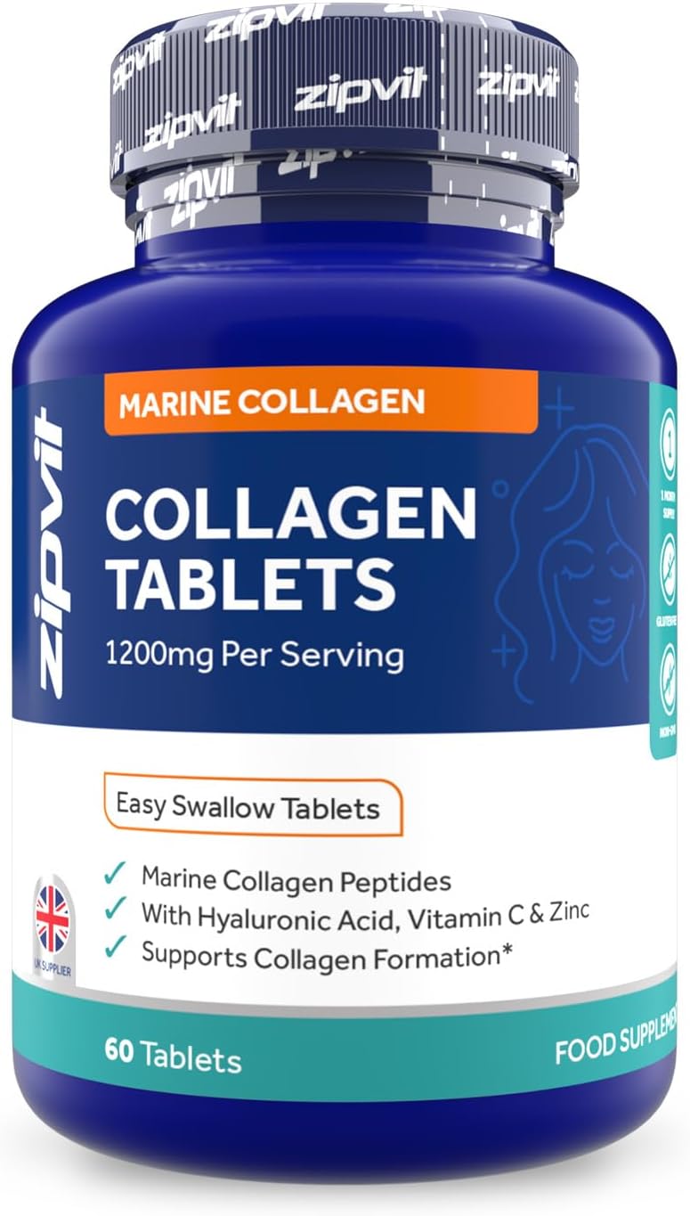 Zipvit Marine Collagen 1200mg Tablets with Hyaluronic Acid, Vitamin C, and Zinc. High Strength Type 1 Collagen for Men and Women, Supports Hair, Skin, and Nails, 60 Tablets, 1 Month Supply
