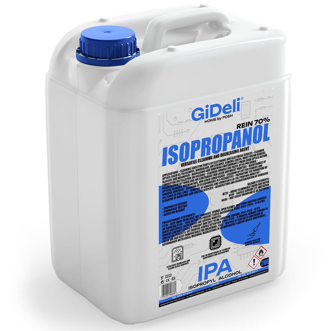GiDeli Isopropanolo 70% 20 litri di alcool isopropilico ad alta percentuale di alcool IPA per la pulizia di componenti elettronici, lenti e schermi