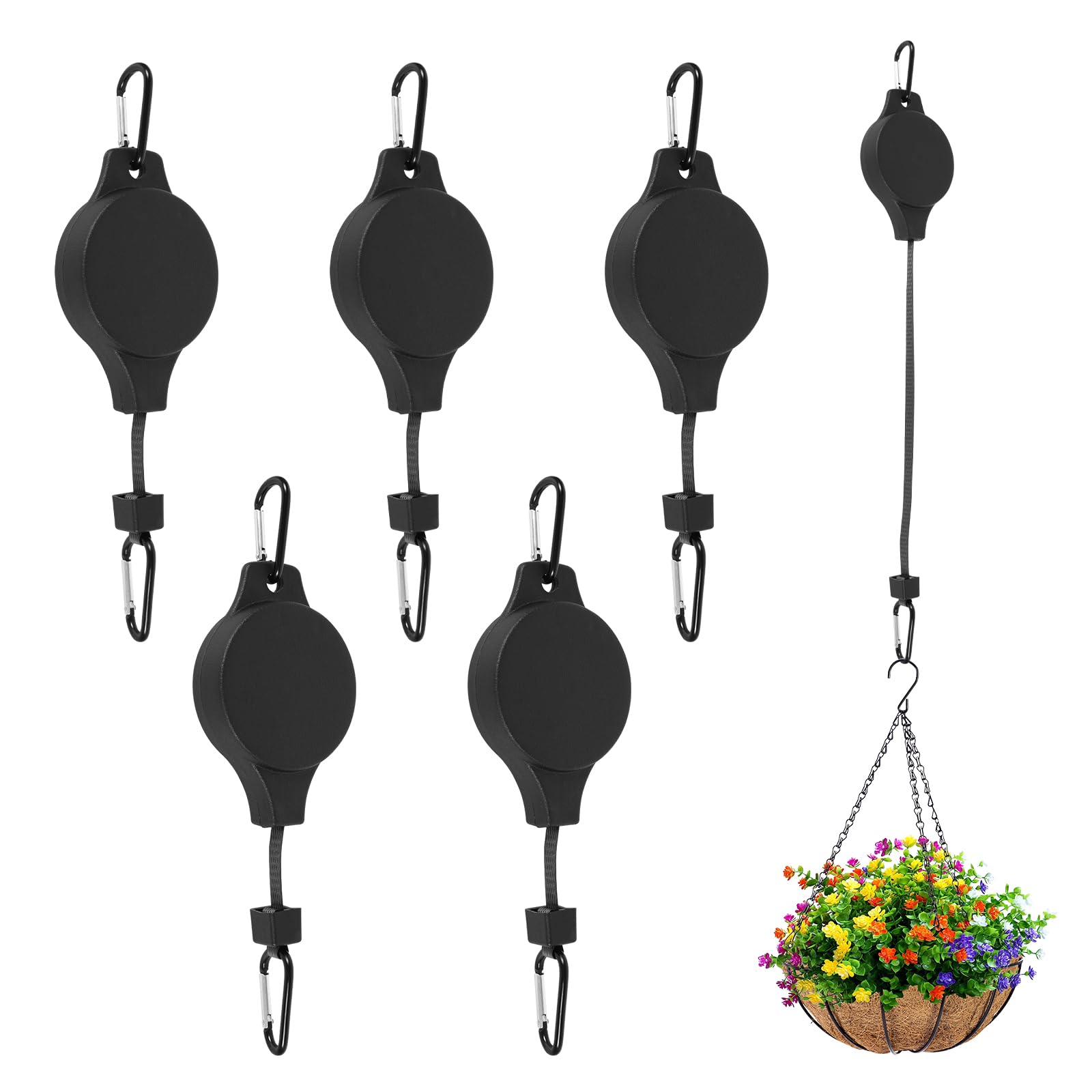 Ghshanog Black 6Pcs Hanging Basket Retractable Hook,Heavy Duty Adjustable Plant Pulley System,Adjustable Plant Hanger Hook For Watering Hanging Baskets, Bird Feeders & Outdoor Planter