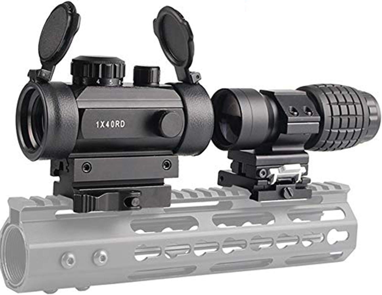 Luger Tactical 1x40mm Red Green Dot Sight + 3X Magnifier Scope with Quick Detach Flip to Side + QD 5 Slots Rail Riser Combo Kit