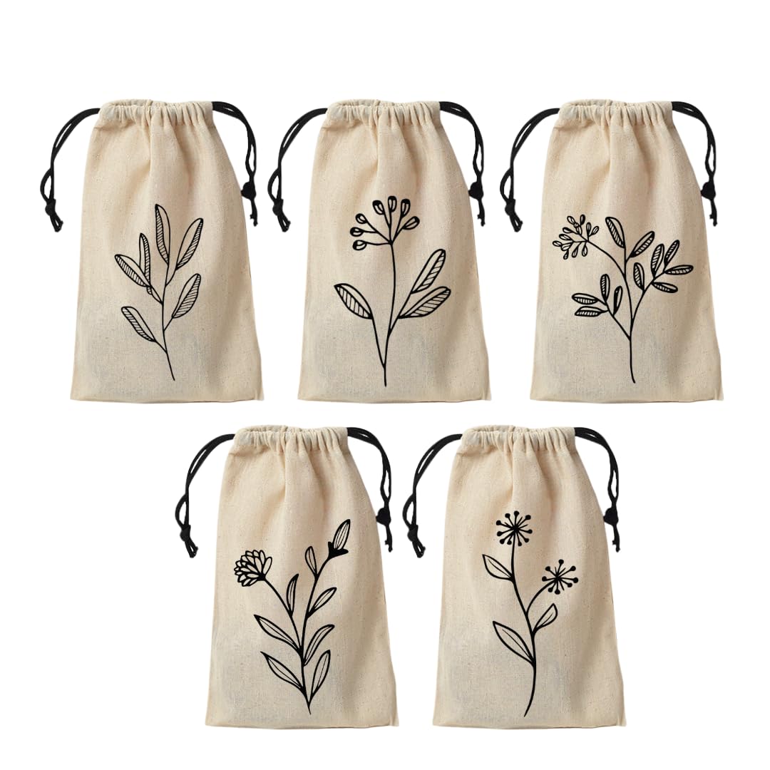 IVILLAGE Premium Reusable & Washable Cotton Fabric Drawstring Travel Pouch/Bag | Elegant Floral Design | Ideal for Earphones, Makeup, Sunglasses, Socks & Toiletries | Pack of 5